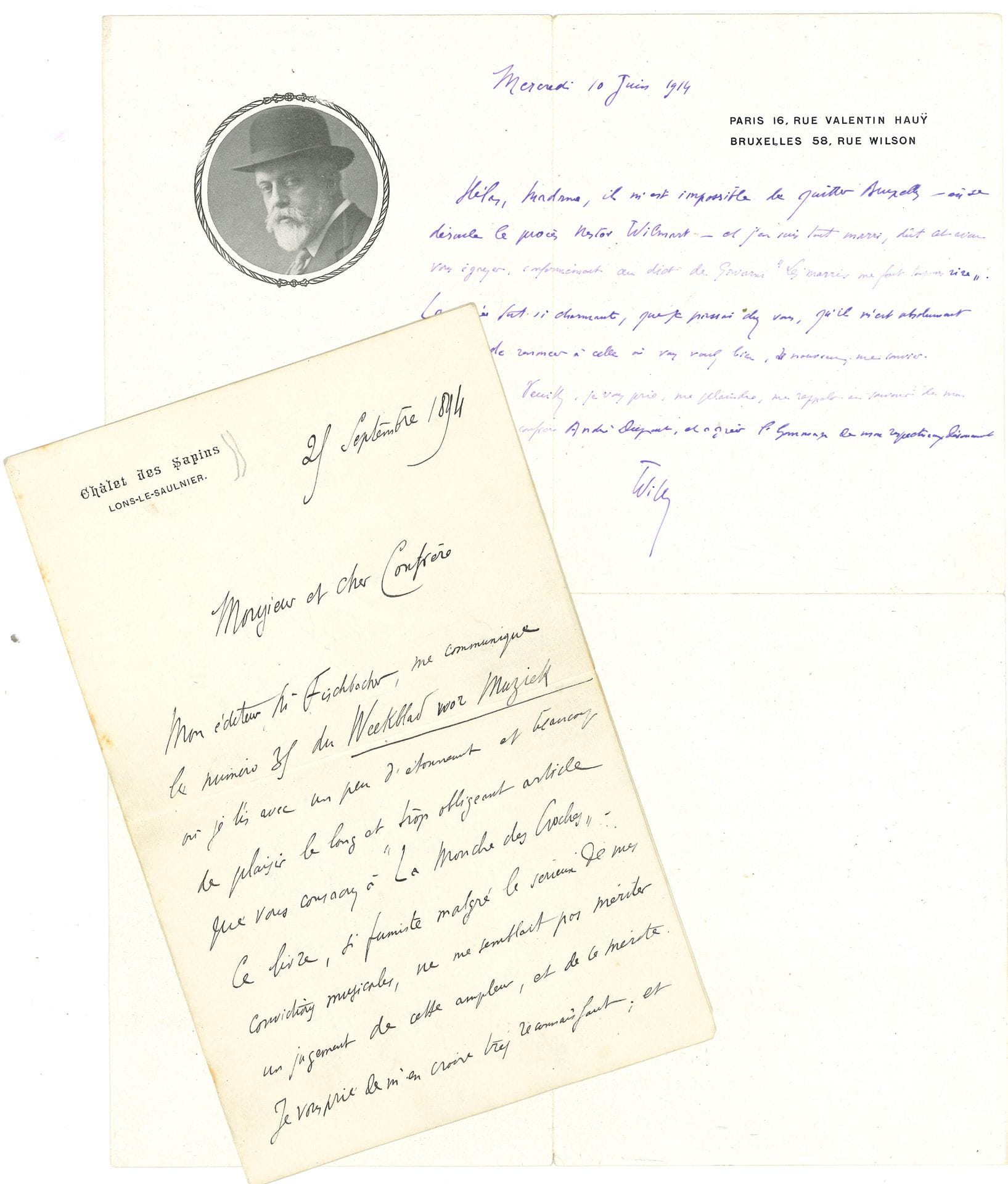 WILLY (1859-1931). 5 L.A.S., 1894 et s.d., à un «confrère» [Hugo Nolthenius, rédacteur de la revue hollandaise Weekblad voor Muziek]; 11pagesin-8 (qqs fentes).
Lons-le-Saulnier 25 septembre 1894. Il remercie de l’obligeant article sur La Mouche des croches, «ce livre si fumiste, malgré le sérieux de mes convictions musicales […] L’Ouvreuse du Cirque d’Été, toute fière d’être présentée au public hollandais – si artiste! – vous adresse sa plus belle révérence»… Il lui fait envoyer d’autres de ses livres, et ajoute en post-scriptum: «Ce n’est pas Pougin (ce petit crétin suffisant et insuffisant) qui avait déclaré les wagnériens incapables de goûter Thaïs, mais bien Heugel, le monstre lui-même! sous son pseudonyme habituel de Moreno». – 20 décembre. Polémique avec Camille Kufferath; Willy s’offusque de «l’ânerie de ce Kufferath. […] Voilà qu’il ose prétendre que Wagner a écarté l’idée de fatalité!! Sans doute, cet idiot n’a jamais entendu parler du Schicksalmotiv?»… – Il demande de traduire et insérer son petit entrefilet «Polémique wagnérienne». – Il remercie pour l’envoi du Weekblad et de l’article, et annonce l’envoie d’une lettre inédite du «pauvre grand Berlioz» à insérer dans sa revue. On joint: – la copie de la fin d’un procès-verbal d’entrevue des témoins d’Henry Gauthier-Villars et de Charles Morice (dont Paul Gauguin), 28 mars 1891 (p. 3-4); – une L.A.S., Bruxelles 10 juin 1914, à une dame: il ne peut quitter Bruxelles, où il assiste au procès de l’escroc Nestor Wilmart et regrette de devoir renoncer à la soirée à laquelle elle le convie (sur papier à son portrait en vignette). Plus 2 billets a.s.