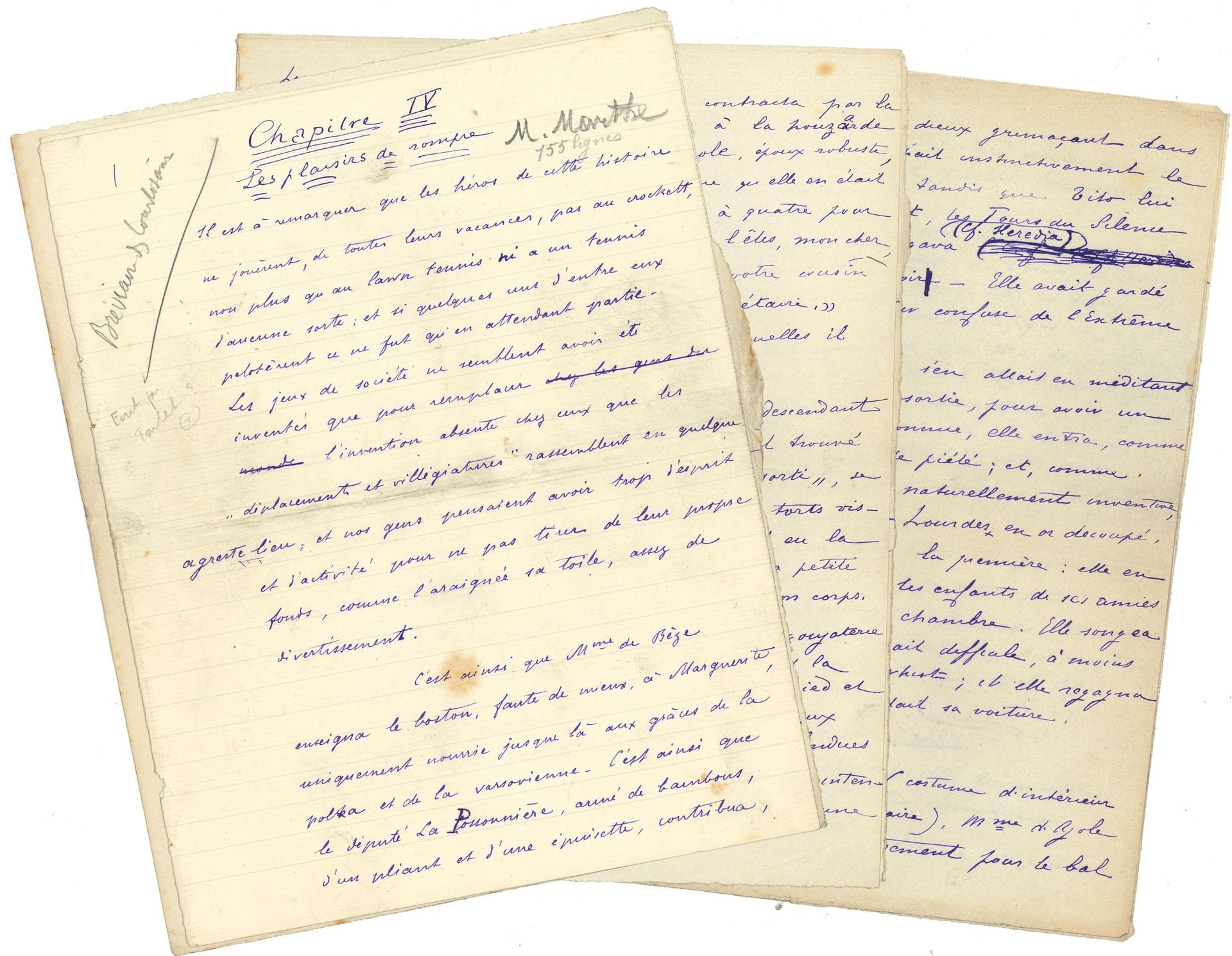 Paul-Jean TOULET (1867-1920). Manuscrit autographe, [Le Bréviaire des courtisanes, 1899]; 28pages petit in-4.
Deux chapitres écrits par Toulet pour ce livre rédigé par Curnonsky et Toulet, et publié sous le pseudonyme de Perdiccas, Le Bréviaire des courtisanes (H. Simonis Empis, 1899). Ces deux chapitres sont rédigés à l’encre violette, au recto des feuillets, et présentent quelques petites corrections à l’encre noire. Le manuscrit a servi pour l’impression. Chapitre IV. Les plaisirs de rompre (15 pages): «Il est à remarquer que les héros de cette histoire ne jouèrent, de toutes leurs vacances, pas au crockett, non plus qu’au lawn tennis ni à un tennis d’aucune sorte: et si quelques-uns d’entre eux pelotèrent ce ne fut qu’en attendant partie»… Chapitre X. Les Fausses dédicaces (13 pages): «Comme le dîner se prolongeait, ce soir-là, sans intérêt, Eliburru disparut tout à coup sous la table»… On joint une L.A.S. «Perdiccas» par Curnonsky, 20 février 1900, à Rachilde; une carte de visite au nom de Perdiccas; 6 l.a.s. adressées à CurnonskyPerdiccas en octobre-novembre 1899, à propos du Bréviaire des courtisanes, par Frantz Jourdain, Mme Lami, Jean Madeline, Monteil, J. de Montesquieu, Léon Morand, l’éditeur H. Simonis Empis; plus une carte de visite de Marcel Prévost, et une coupure de presse annotée («quel con!»).