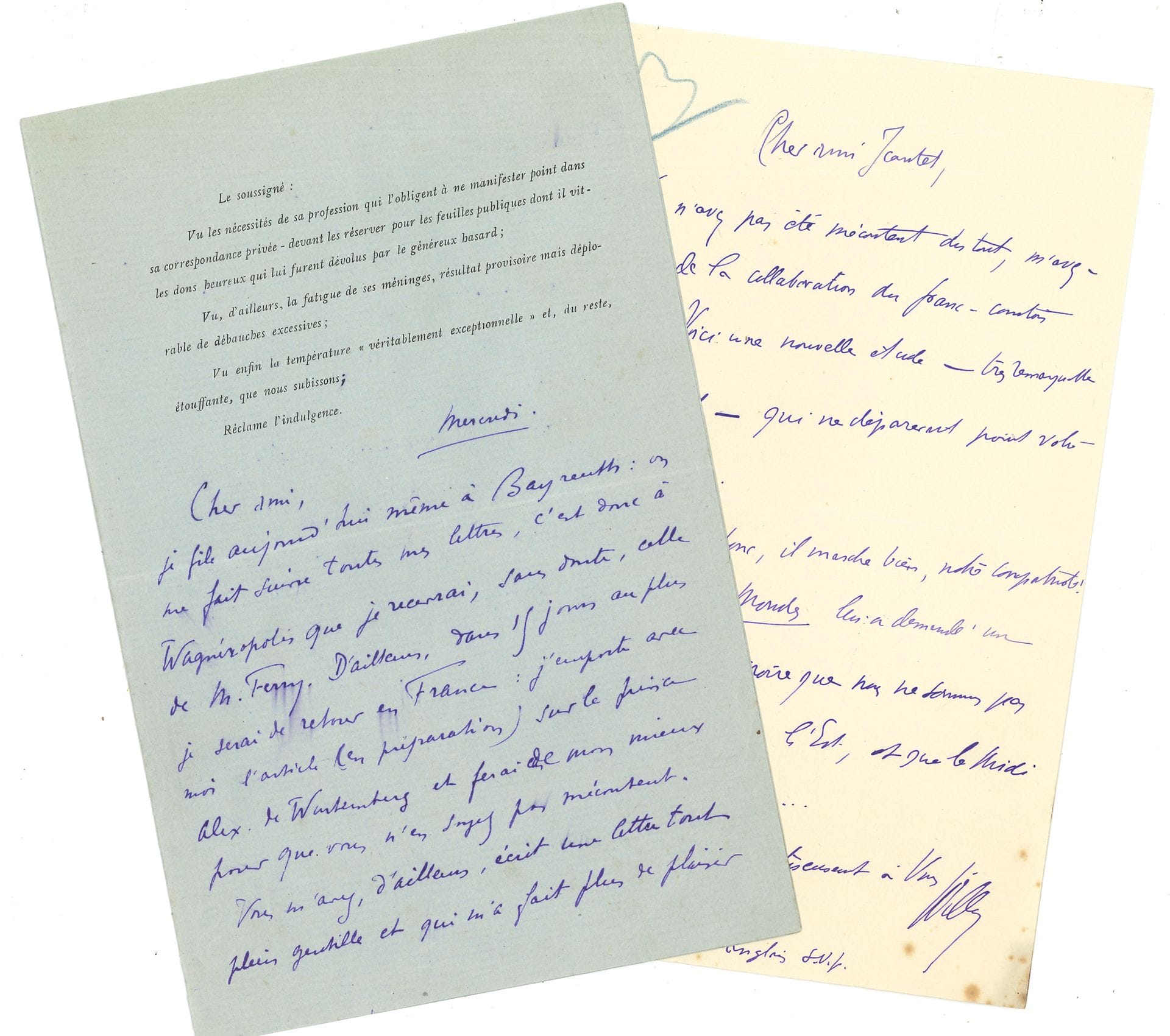 WILLY. 6 L.A.S, 1896- 1900, à Félix Jeantet; 8pages in-8, 5 enveloppes.
1896. Sa femme [Colette] est gravement malade et il a toutes les peines du monde à l’empêcher de sortir; elle n’est pas guérie; «(Entre nous c’est un potin venimeux, et faux, de cette vieille Caillavet, bas-bleu hystérique, qui l’a fichue dans cet état. Quelque jour, je vous conterai cela». Il lui envoie des coupures et des articles pour son journal [la Revue hebdomadaire]. Août 1899. Il part pour Bayreuth: «Je pense comme vous que les mouchards sont moins répugnants que les youtres et les protestants: ceci vient sans doute de ce que les protestants et les youtres sont plus mouchards que les mouchards professionnels». 21 août 1900: il vient de relire le livre de Jeantet Les Amours d’un prince naïf et lui envoie son roman pour la Revue, Amour Astral: «C’est une manière de revue fin de siècle (oh! le mot stupide!) où les personnalités du monde qui pense et esthétise défilent, pseudonymées, en des décors nouveaux, exacts. […] Le héros est un bon vieux jeune homme encore pas mal ingénu. […] L’héroïne, elle, créature forgée avec les éléments (selon la théorie de certains hermétistes) c’est l’illusion, et aussi l’ironie, personnifiée en l’éternel féminin»… On joint une coupure de presse de L’Ouvreuse (1905).