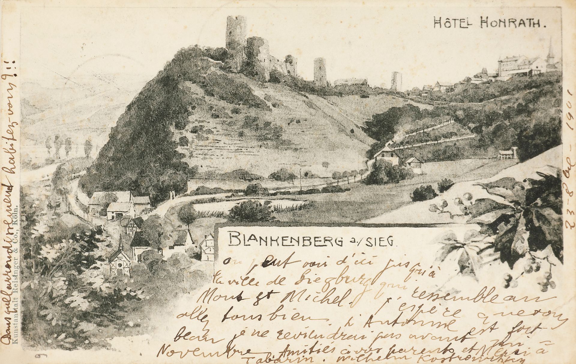 Guillaume APOLLINAIRE (1880-1918). 7 cartes postales autographes dont 6 signées de son vrai nom «Wilhelm de Kostrowitzky» (ou «W. Kostrowitzky», 1901-1902, à Mlle Émilie Gaillet, à Paris; cartes illustrées, adresses au dos, montées sur onglets en un volume in-12 avec texte impr. en regard, reliure demi-box noir, titre en rouge en long au dos (D. Montecot).
Bel ensemble de cartes postales écrites pendant le premier séjour du poète en Allemagne, qui allait profondément marquer son œuvre, notamment dans les «Rhénanes» d’Alcools dont ces cartes sont comme une illustration. Ces charmantes cartes, la plupart en couleurs, sont adressées à Émilie Gaillet, la sœur du journaliste Ernest Gaillet, directeur de Tabarin. [Apollinaire, qui n’a pas encore adopté son pseudonyme, était alors précepteur de la fille de la vicomtesse de Milhau, et passionnément épris d’Annie Pleyden, la gouvernante anglaise qui les accompagnait en Rhénanie.] En tête du volume, sur la 3e page de garde on a dessiné une carte du ciel astrologique correspondant à sa naissance («Roma 25/8/1880 – 5 h»). Une transcription est collée en regard de chaque carte. Trier [Trèves] 25 août 1901. En marge d’une image coloriée à la main des ruines du palais du Kaiser: «Pas eu le temps de revenir. Voilà qui vient de Trèves. C’est la Moselle. Michaux nous a quittés à Luxembourg. Écrirai bientôt»… Honnef am Rhein 21 [septembre?]. En marge d’une vue du parc de la Kurhaus (maison de cure thermale): «J’ai quitté Neu Glück. Me voici à Honnef, “la Nice rhénane”. C’est une ville de malades mais très jolie et au bord du Rhin»… Siebengebirge 28 septembre. En marge d’une vue de la ville et des Sept-Monts, avec médaillon d’une promenade à âne: «Mes dates sont stupéfiantes, mais l’auto va plus vite que les gens qui marchent à pied; j’espère que vous allez tous bien! Voici les sept montagnes au fin fond desquelles je vis et je bois un verre de pas fameux vin du Rhin à votre santé»… Laach dans l’Eifel 6 octobre. Vue de l’église abbatiale de Laach: «au bord du lac. Mes amitiés à tous»… * Blankenberg am Sieg 23 octobre. Sous une vue de la forteresse et le bourg de Blankenberg: «On peut voir d’ici jusqu’à la ville de Siegburg qui ressemble au Mont St Michel. J’espère que vous allez tous bien. L’automne est fort beau je ne reviendrai pas avant mi-novembre. Amitiés à vos parents et merci à Tabarin»… * Königswinter [26 novembre]. En marge d’une vue en couleurs de cette ville rhénane, avec le mont Petersberg au fond: «Mes meilleures amitiés. Vous seriez bien aimable de m’envoyer 16 nos de Tabarin contenant les Puerilia Verba contre remboursement»… Il demande des nouvelles d’Esnard [Henry Esnard, avocat sans cause et plumitif, que Gaillet et Apollinaire avaient aidé à écrire son roman Que faire?]; il ajoute: «Nous ne tarderons pas à rentrer»… * Munich [24 mars 1902]. Autour d’une vue en couleurs du palais de justice de Munich: «Me voilà dans le pays de la bière. Figurez-vous que La Revue blanche du 15 publie une nouvelle que je lui avais porté il y a 10 mois [L’Hérésiarque]»…