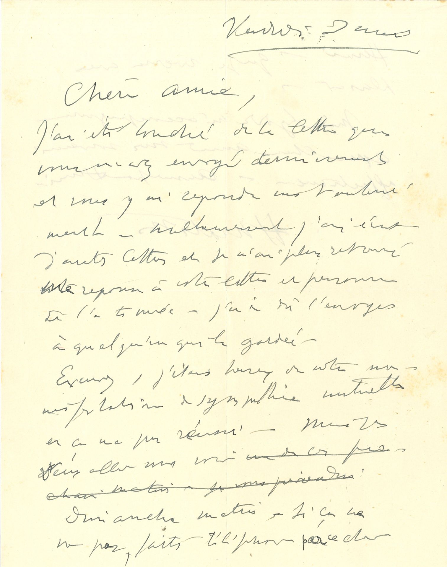 Henri MATISSE (1869-1954). 2 L.A.S., 4 avril et 3 mai 1951, à Mme Thorndike à Nice; 1page oblong in-12 (au dos d’une carte postale illustrée Étude pour La crucifixion, Chapelle de Vence), et1page et demie in-4 avec enveloppe.
4/4/51. «Chers amis, j’irai vous voir un de ces matins. Votre carte de Pâques m’a beaucoup touché! Restez en bonne santé!»… Vendredi 3 mai. Il a répondu à la touchante lettre de sa chère amie instantanément, mais l’a ensuite égarée: «Excusez, j’étais heureux de votre manifestation de sympathie mutuelle et ça ne m’a pas réussi». Il compte aller la voir dimanche matin, et la prie de saluer Henri…