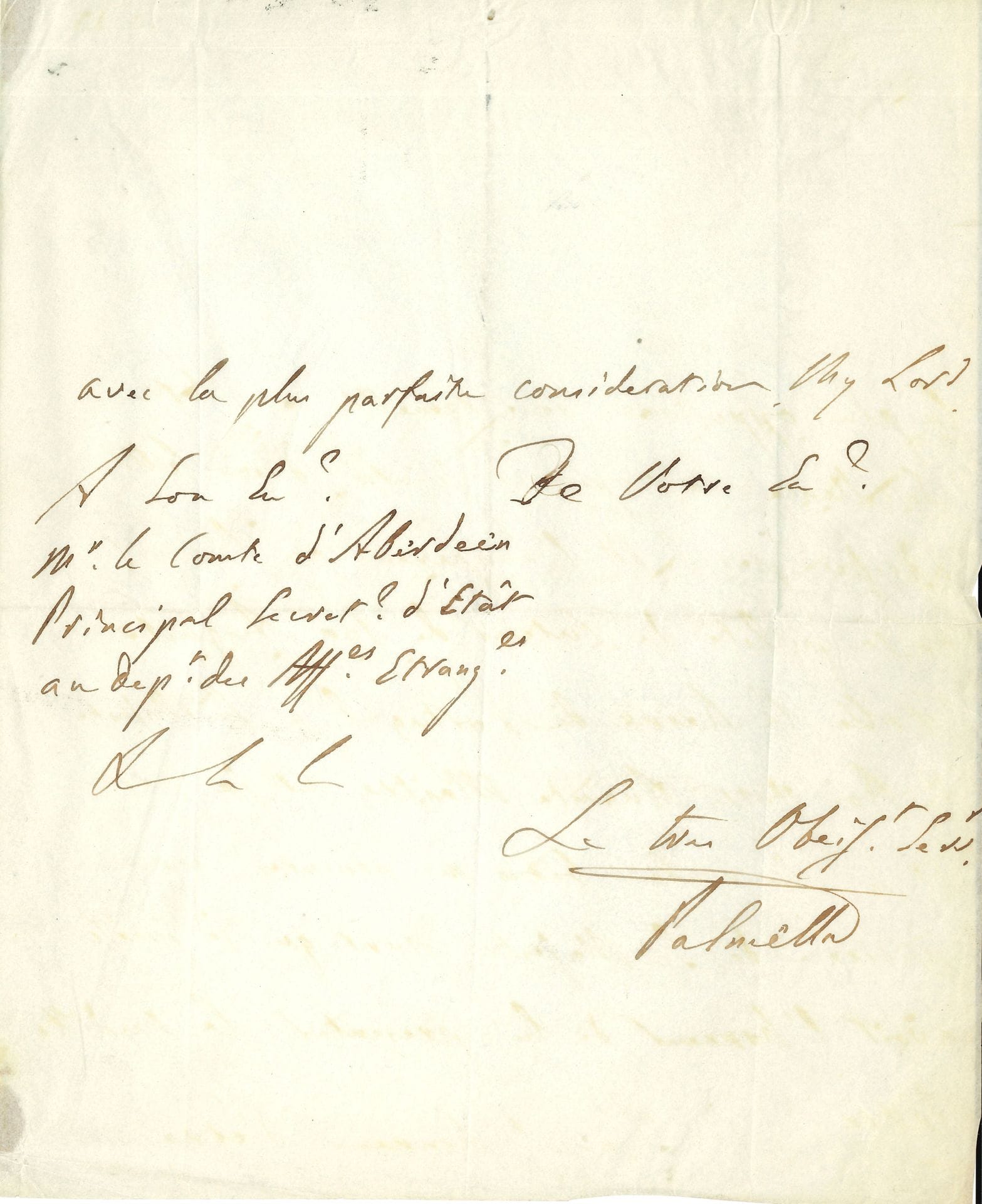 PORTUGAL. Pedro de Sousa Holstein, duc de PALMELA (1781-1850) homme d’État et diplomate portugais. L.A.S., Falmouth 27 septembre 1828, au comte d’Aberdeen, principal secrétaire d’État au département des Affaires étrangères; 3pages in-4; en français.
«Sa Majesté la Reine de Portugal mon Auguste Souveraine venant de débarquer dans ce port, je m’empresse de faire part de cet evenement à Votre Excellence et de la prier d’accepter les remerciements de Sa Majesté tres fidelle, pour la reception distinguée, que, conformement aux ordres de Sa Majesté Britannique, lui ont fait les Autorités militaires et civiles de Falmouth». Il doit remettre à sa Majesté une «lettre adressée par S.M. l’Empereur du Bresil, en sa qualité de tuteur de son Auguste fille la Reine de Portugal, à Sa Majesté le Roi votre Auguste Maître»…