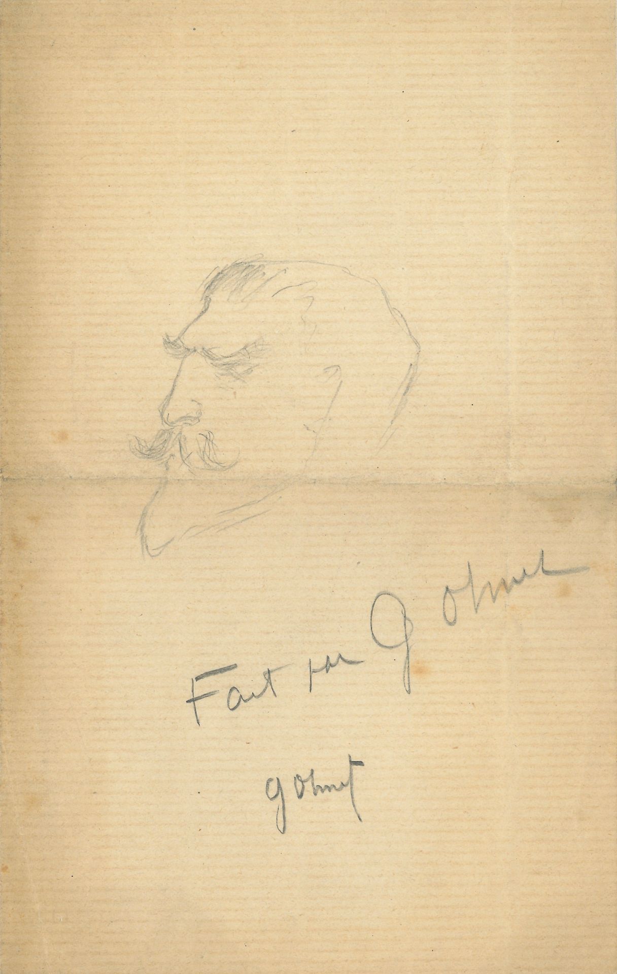 [Rodolphe SALIS (1851-1897) humoriste, créateur du cabaret du Chat Noir]. Portrait par Georges OHNET (1848-1918); mine de plomb, sur 1page in-8.
Tête de Salis, de profil, avec annotation: «Fait par G. Ohnet».