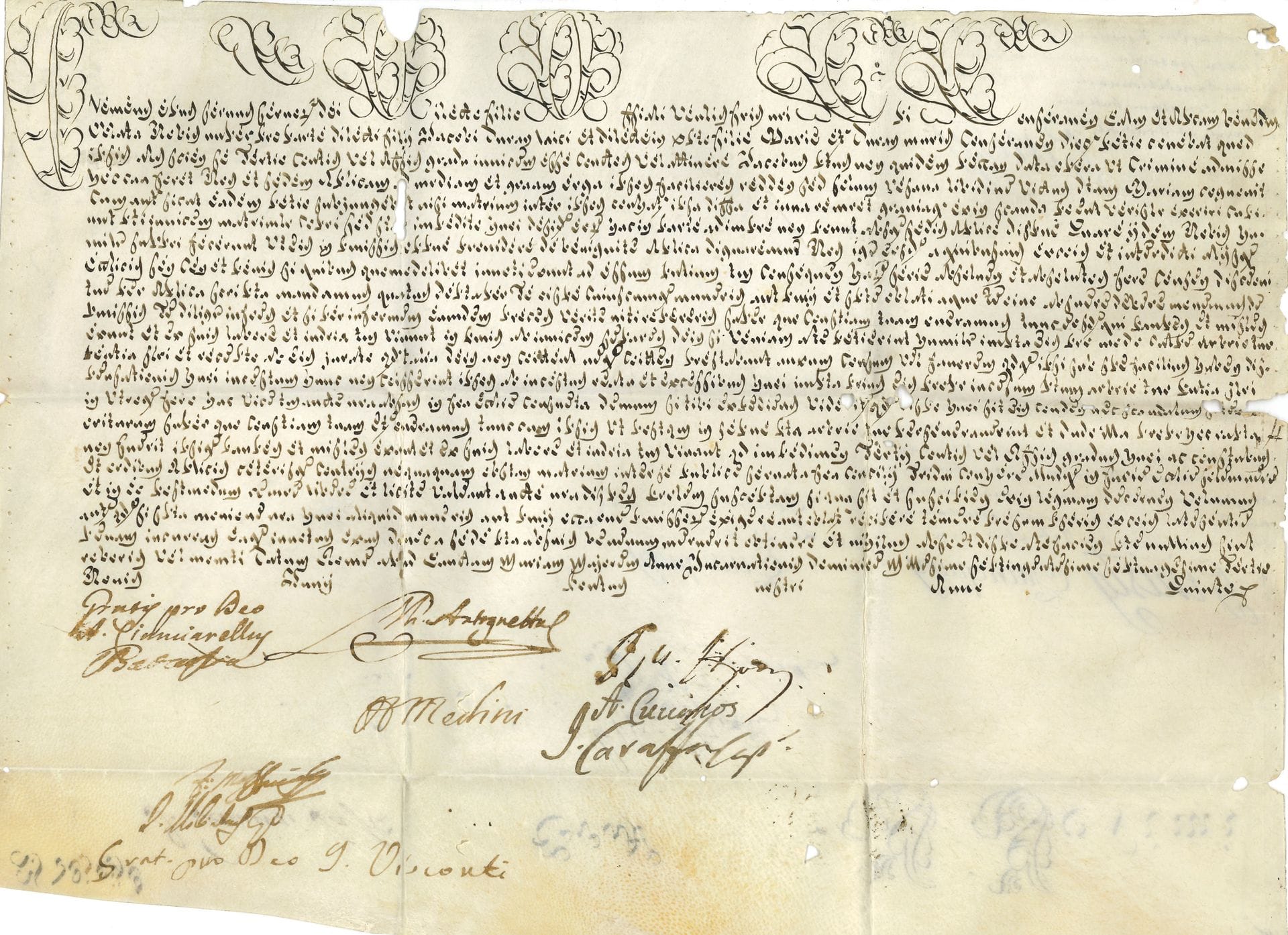 PAPES. Lorenzo Ganganelli, clément xiv (1705-1774) Pape en 1769, il supprima l’ordre des Jésuites et fonda les musées du Vatican. Bulle manuscrite en son nom, Rome à Sainte-Marie-Majeure nones de juin (18 juin) 1773; vélin oblong in-fol. (26 x 35,5 cm) avec lettrine et 4 initiales de la première ligne ornées (petits trous aux plis); sceau manquant; en latin.
Dispense de consanguinité au 3e degré, en faveur du mariage de Jacques Durand et Marie Durand, demeurant au diocèse de Saint-Bertrand de Comminges (département actuel de Haute-Garonne). Signatures de chancellerie. On joint un bref manuscrit au nom de PIE VI, Rome 6 août 1790 (vélin oblong in-fol.), dispense pour un ordination, avec signature du cardinal Romoaldo Braschi-Onesti (1753-1817).