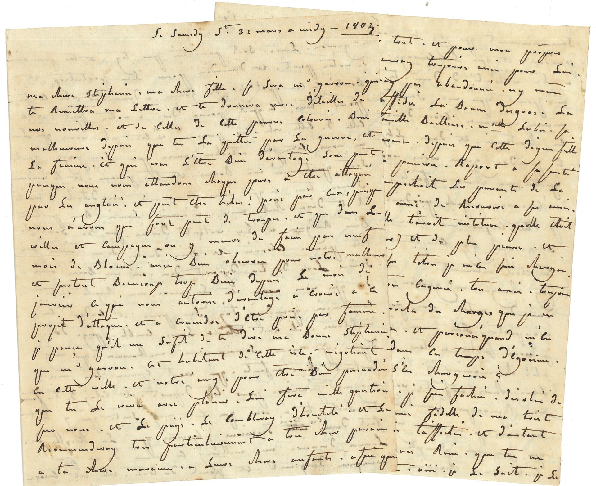 Jeanne Le Roux de la Chapelle, Baroness TASCHER DE LA PAGERIE (1754-1822) wife of the above. L.A.S. [in Vauclin, Martinique] March 31, 1804, to her daughter Stéphanie (1788-1832, future Duchess of Arenberg); 8pages in-4.
Magnificent and very long and letter on the tragic situation of the colonists of Martinique during the blockade: "This colony has been very unhappy since you left it because of war and famine, and will soon be even more so, since we expect to be attacked by the English every day, and perhaps, alas, taken by them, since we have very few troops, and the towns and countryside are dying of hunger because of nine months of blockade, which has been fairly well observed for our misfortune and everywhere much too well since January, which gives us even more reason to believe in this planned attack and to fear being taken by famine"... She instructs her to introduce the bearer of the letter to "your dear godfather and godmother" [Bonaparte and Joséphine] so that he can plead in favor of the island "for no one is truer than he [...] and your godfather and godmother will know all that concerns us with detail and truth". She recalls her worries when she learned that during her crossing her ship was taken and brought to England, gives news of her and their difficult situation. "I was hoping that last year's harvest would put me in a position not to run out of money. And not at all, the harvest is still in the house, the gaboteurs have not been able to continue to bring it to us", and she can no longer find anyone on the island to send it to her, there are no arms, no equipment, no food and for the first time in her life, she has had to borrow. "It's your worthy principal and teacher, Mr. Abbé Garnier and Mr. Nielly, who has kept me alive until now. Yes, ma bonne, it is he alone who every Monday, with the affection of a tender son, brings me what he has earned from his carnelle of negroes during the week". He is the only one, among all the people she has helped in this town, who is so charitable to her. The absence and estrangement of her children is terrible to live with, but she endures it "as a Christian", for she has the hope that, when peace comes, she will join them in France. "I will go and see you all, so as not to leave you, my dear children, until I die". She instructs her bearer to bring back portraits of each of her children. "I would like to have each of these portraits on a simple, plain, black tortoiseshell box, which I will kiss a thousand times every 24 hours, and which will make my life happy and help me to bear all my ills and the time I have left to be far from you all"...Attached is a L.A.S., [au Vauclin, Martinique] March 12, 1804, to his son Henri (4p. in-4); plus a L.S. Saint-Pierre Martinique November 24, 1805, to his brother-in-law Danès (1p. and a half in-4, address).