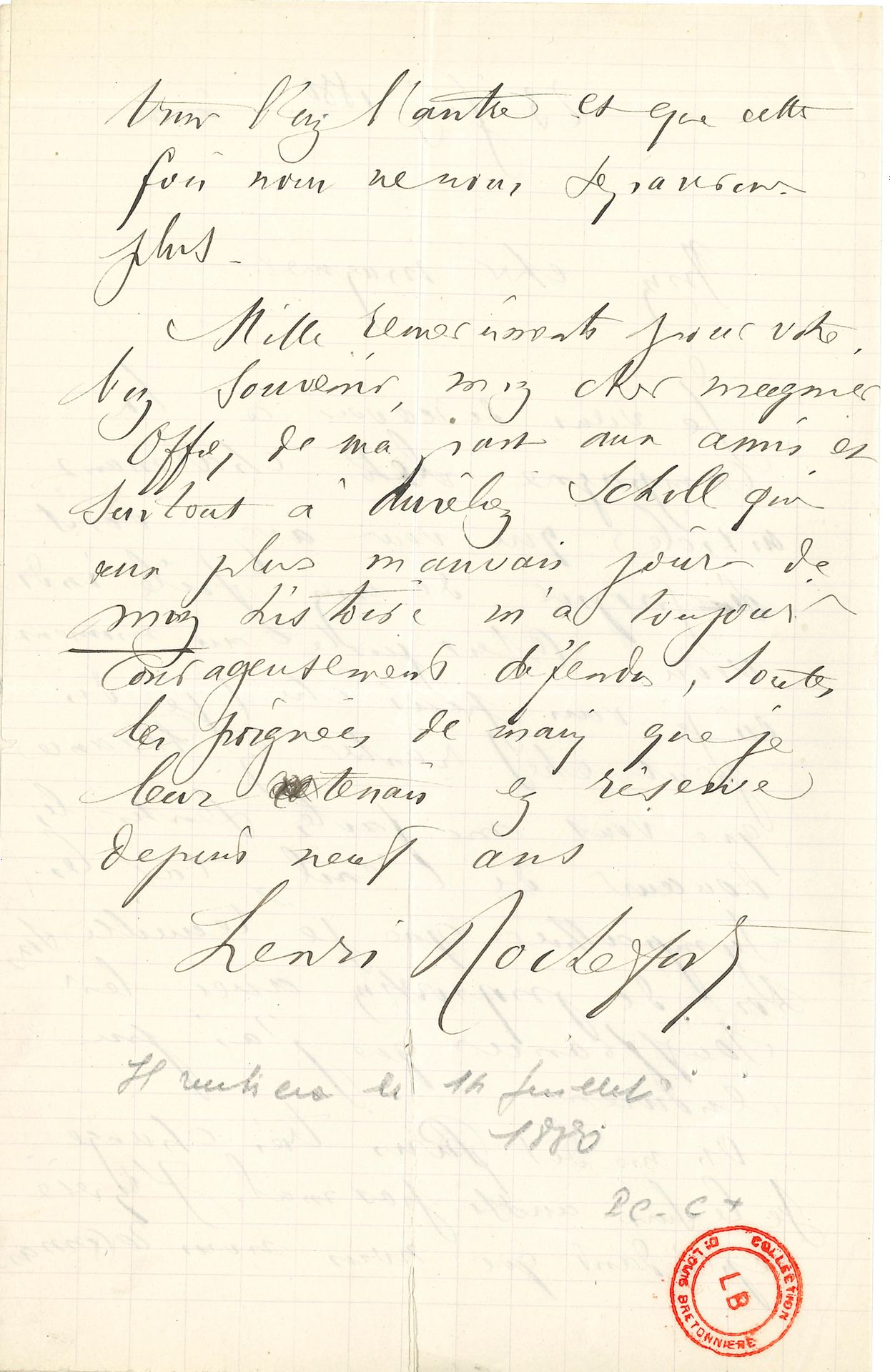 GUERRE DE 1870. 3 L.A.S. de personnalités politiques.
Adolphe CRÉMIEUX (1796-1880). L.A.S., Paris 15 juin (2p. ¼ in-8 deuil). En faveur d’un prisonnier: «La miséricorde et la clémence sont d’ailleurs si douces à invoquer!»… Ferdinand HÉROLD (1828-1882). L.A.S., Paris 11 septembre 1871, à un ami directeur de journal (2p. in-8 deuil), envoyant un article sur la réorganisation de la magistrature: «Vous avez deviné juste: deux heures après mon arrivée place Beauvau, je m’occupais de l’indemnité de la garde nationale. J’ai essayé, tâtonné, peu réussi, et cependant je me suis laissé dire, que, pendant mes 20 jours d’administration (grâce à bien des circonstances, mais au nombre desquelles mes deux règlements successifs), l’indemnité journalière était descendue de 600.000fr à 400.00fr. […] De ma vie, je n’ai éprouvé plus vivement, que pendant ces 20 jours, le désir et le dégoût de l’autorité»… Henri ROCHEFORT (1830-1913). L.A.S., 23 juin 1880, au journaliste Edmond Magnier (2p. in-8, fente), remerciant pour «le charmant article» qu’il lui a consacré. «C’est juste au moment où je vais peut-être (je dis peut-être) rentrer en France que vous me faites sentir les douceurs de l’exil, car les sympathies que je recueille sont hors de proportion avec les souffrances que j’ai pu endurer»…