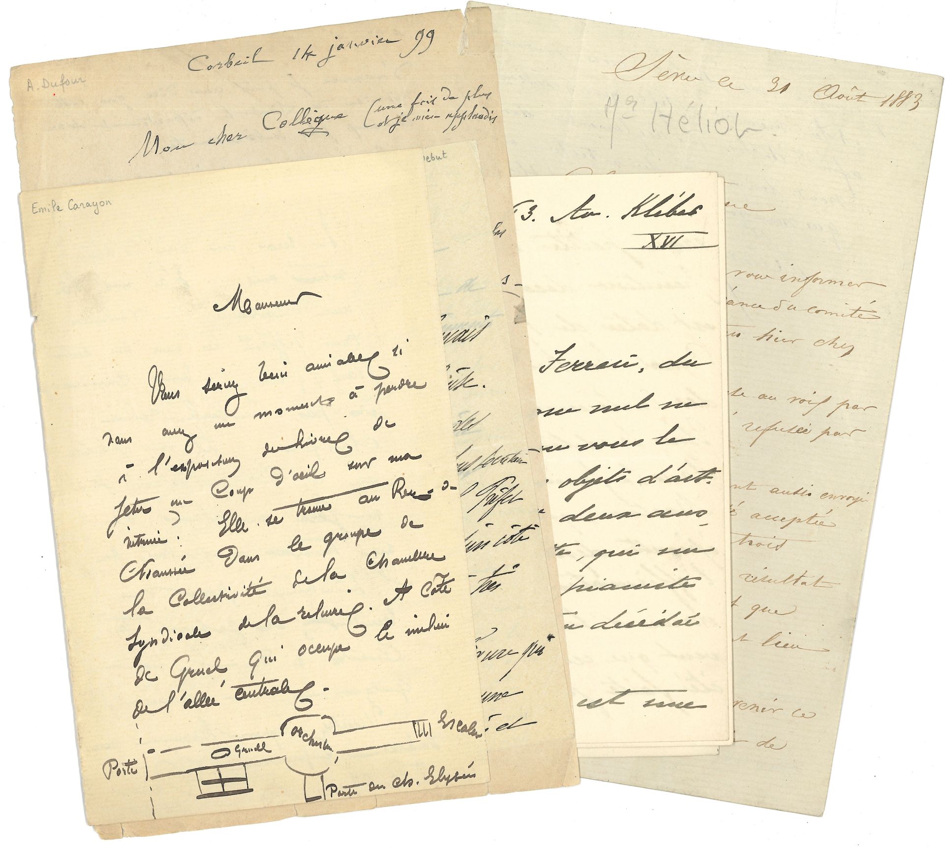 [Maurice TOURNEUX (1849-1917)]. 54 L.A.S. à lui adressées, 1883-1912.
Importante correspondance reçue par le célèbre archiviste, historien et bibliographe. Elle aborde différents sujets d’ordre artistique, littéraire ou bibliophilique: envoi de catalogues d’autographes consacrés à Buffon, Rousseau et Voltaire; découverte aux Archives nationales d’une correspondance de Boisgelin avec la comtesse de Gramont; exposition de reliures de Carayon au Palais de l’Industrie en 1894; demande d’appui d’un sculpteur pour faire acheter l’une de ses œuvres par 1’État; demande de renseignements sur une épinette du XVIIIe siècle; annonce d’une vente de livres, gravures et autographes à Bar-le-Duc, avec demande d’avis de M. Charavay; demande de renseignements sur un conventionnel; préparation de la table des Archives de l’art français; thèses sur Charles Duclos et Marmontel; recherches sur Buffon; conférences à Oxford; projet de création de la Société des Amis de la Bibliothèque nationale (1905); etc. Les lettres ont été écrites par des bibliothécaires, historiens, archivistes, enseignants, artistes, hommes politiques: Pierre Bertrand, de la Revue historique; Albert Cans, professeur au lycée Hoche à Versailles; Émile Carayon, peintre et relieur; Marcel Debut, sculpteur; A. Dufour, bibliothécaire à Corbeil; Henri de l’Isle, ancien capitaine et collectionneur; Raymond Koechlin, secrétaire général de la Société des amis du Louvre; Auguste Kuscinski, auteur du Dictionnaire des conventionnels; Jean Laran, historien de l’art, conservateur du Cabinet des estampes; Léopold Le Bourgo, bibliothécaire-archiviste de la ville de Lorient; Scipion Lenel, professeur au lycée d’Amiens; Jules Maciet, vice-président de l’Union centrale des Arts décoratifs; Eugène Manuel, poète; Matry, bibliothécaire à Semur; Charles Maunoir, géographe; Jacques de Nouvion, journaliste; René Paquet d’Hauteroche, historien et ornithologue; Victor Perrot, de la Commission du Vieux Paris; Ernest Prarond, latiniste et historien; Bernard Prost, inspecteur général des bibliothèques; Lucien Raulet, de la Société de l’histoire de Paris; Mario Roustan, homme de lettres; Adrien Sée, magistrat et historien; Philippe Tamizey de Larroque, historien; Ambroise Tardieu, archéologue; Charles Tranchant, archiviste; Gabriel Trarieux, poète et romancier; etc.