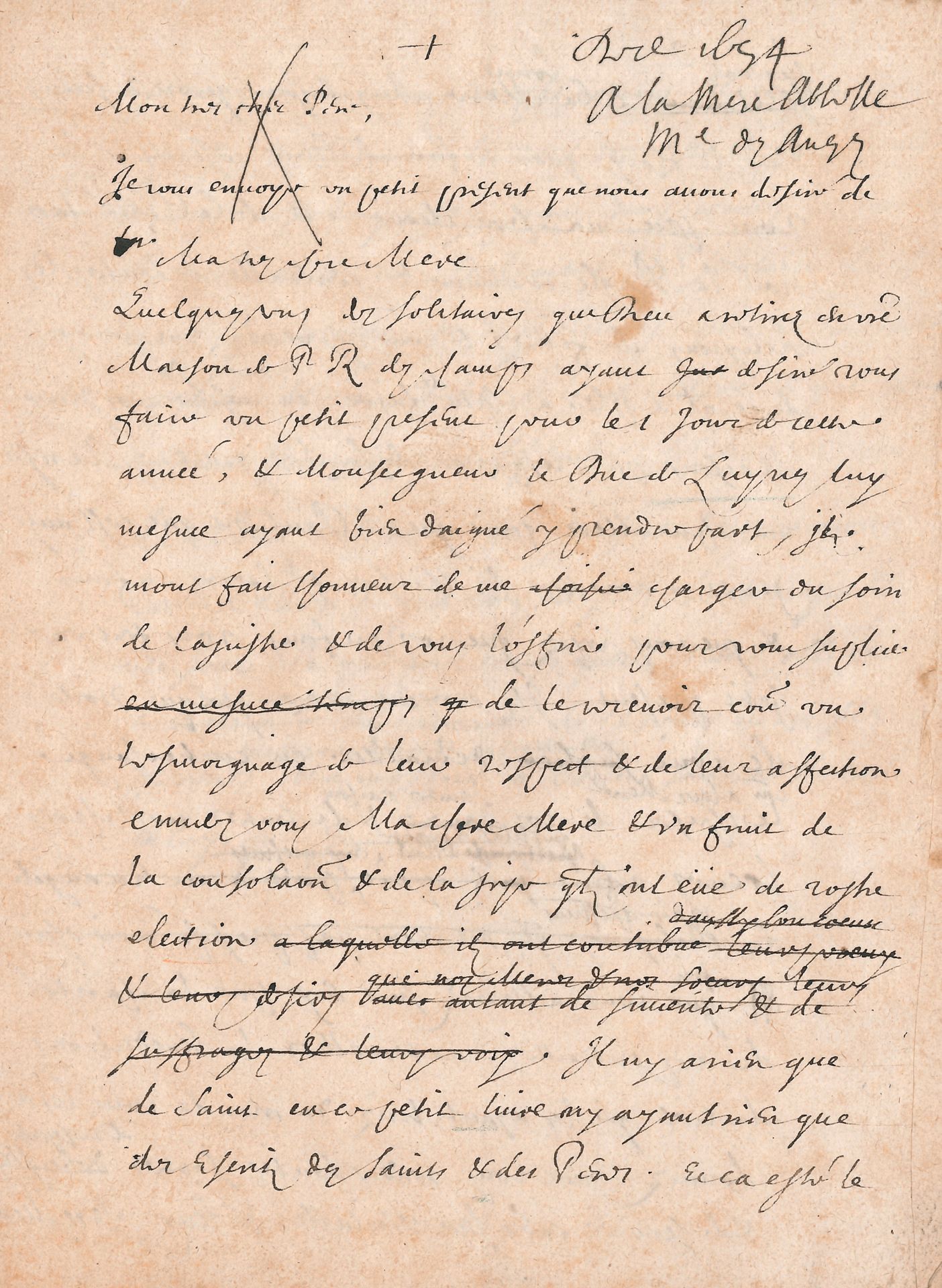 Antoine LE MAISTRE (1608-1658) avocat et écrivain janséniste, il se retira à Port-Royal où il fut le professeur de Racine. L.A. (minute), [1er janvier 1654], à Mère Marie Angélique des Anges, Abbesse de Port-Royal; 3pages petit in-4 avec quelques ratures et corrections.
Belle lettre du Solitaire de Port-Royal, offrant à sa tante un recueil de textes religieux.  Quelques Solitaires de sa Maison de Port Royal l’ont désigné pour lui offrir «un petit présent pour le 1 jour de cette année», auquel Monseigneur le duc de Luynes lui-même a souhaité prendre part, en témoignage de leur respect, de leur affection, et de «la joye quils ont eüe de vostre election. […] Il n’y a rien que de Saint en ce petit livre», extraits de paroles des Saints et des Pères: «vous y verrez une image de ce qu’il a pleu à Dieu de faire en vos deux Maisons par l’effusion de Sa Ste grace. Au reste ma chere Mere puisque S. Paul dit que c’est aux gens à amasser des trésors pour leurs enfans et que […] vos enfans vous font un petit présent, ils avoient aussi le droit de vous demander en contrechange comme à leur mère […] vos saintes oraisons […] afin que vous attiriez sur eux par la charité de vos entrailles maternelles la bénédiction du ciel. […] C’est ce qu’ils ont dans le cœur, et pour moi qui ai l’honneur de vous connoistre depuis si longtemps, ce que j’ai gravé dans toutes les parties de mon âme non seulement comme Solitaire de PR mais comme neveu de deux Meres […] qui ont eu tant de joye à vous avoir pour leur Mere»… Etc.