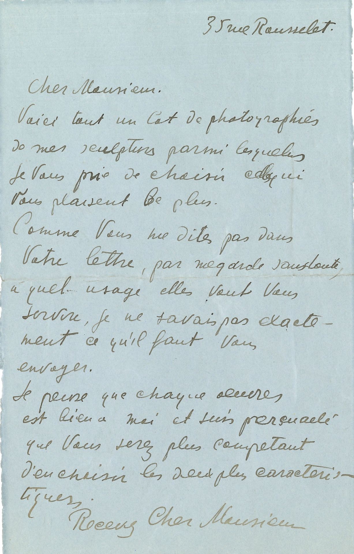Ossip ZADKINE (1890-1967) sculptor. L.A.S., [Paris] 35 rue Rousselet [ca. 1920], to Christian Zervos; 1 1/2 pages in8.
He sends "a whole lot of photographs of my sculptures, from which I beg you to choose the ones you like best. [...] I believe that each work is mine and I am convinced that you will be more competent to choose the two most characteristic". He keeps an album of all his works at his disposal...