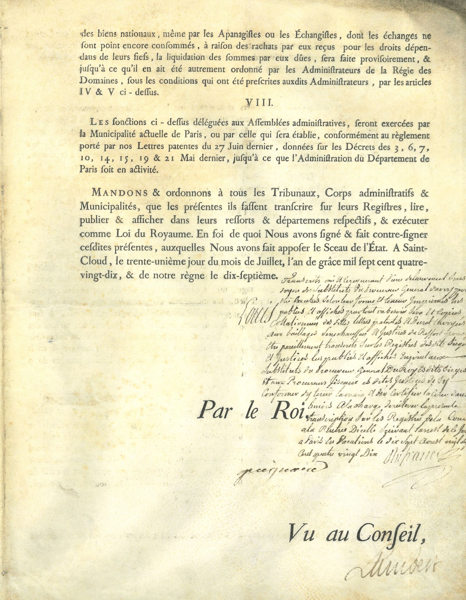 ROIS DE FRANCE. 7 pièces, dont 5 P.S. (secrétaire) et 2 avec «bon» autographe; formats divers.
Louis XIII: Paris 25 février 1611, contresigné par Potier, ordre de paiement au duc de Mayenne (vélin). – Louis XV: 2 l. en partie impr., 1724-1729, et pièce avec «bon» autogr. – Louis XVI: 2 lettres patentes impr. sur parchemin, mars-juillet 1790, sur le rachat des droits féodaux et la suppression de la gabelle; pièce avec «Bon» autogr., mai 1791.
