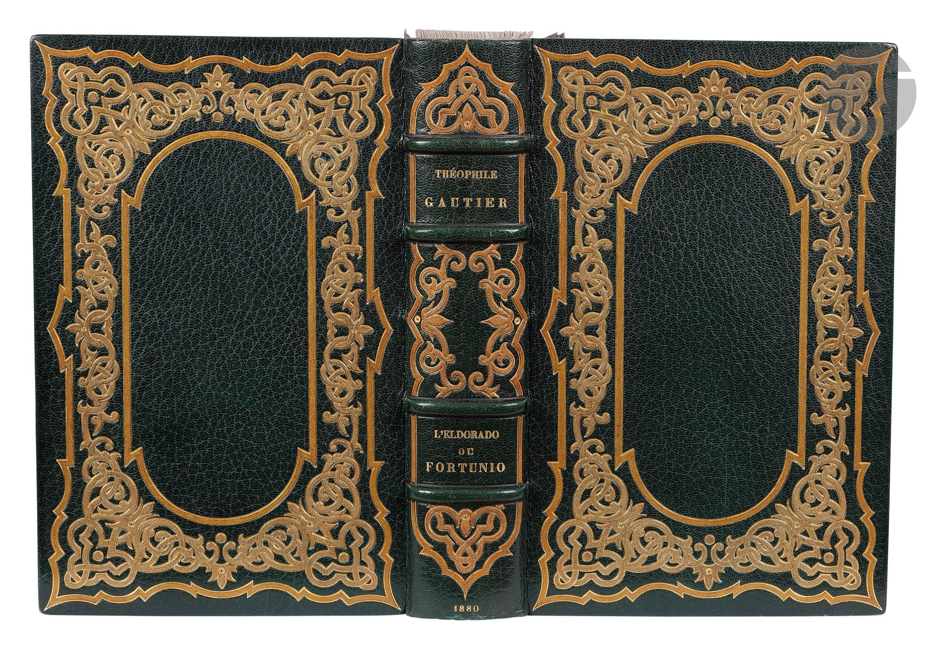 GAUTIER (Théophile) – MILIUS (Félix-Augustin) - AVRIL (Paul).
L’Eldorado ou Fortunio. Publié sur l’édition originale.
Paris : Motteroz pour les Amis des livres, 1880. — In-8, 252 x 163 : frontispice, (2 ff.), V, 243 pp., (1 f.), 11 planches, couverture imprimée. Maroquin vert foncé, plats ornés d’un riche encadrement d’entrelacs en maroquin beige entre deux bandes droites et courbes en maroquin havane, dos à nerfs orné dans le même esprit, maroquin vert foncé en encadrement à l’intérieur, orné de bandes en maroquin beige et havane entrelacées aux angles, doublures et gardes de soie brochée, doubles gardes, tranches dorées sur témoins, couverture et dos conservés, étui bordé (Ch. Lanoé).

Édition de luxe d›une extrême élégance, tirée à 115 exemplaires sur vélin fort, illustrée de 12 eaux-fortes hors texte de Félix-Augustin MILIUS (1843-1894) et de 81 vignettes de Paul AVRIL, soit 27 fleurons, 27 lettrines et 27 culs-de-lampe.

Exemplaire numéro 46, spécialement imprimé pour M. Legrand. Il comprend 3 épreuves des hors-textes (avant la lettre avec remarque sur japon, état terminé sur japon et état terminé sur vélin), 2 épreuves sur chine des fleurons et des culs-de-lampe, en noir et en bistre, et trois épreuves des lettrines dont 2 sur chine comme les fleurons et culs-de-lampe, et l’état terminé imprimé dans le texte.

Superbe exemplaire en reliure mosaïquée de Charles Lanoé.