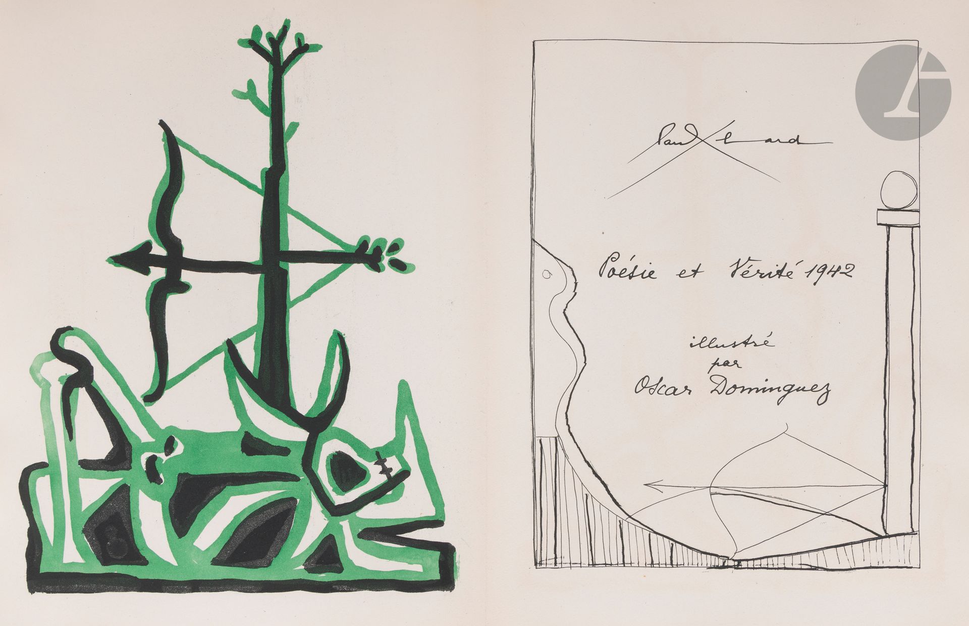 ÉLUARD (Paul) - DOMINGUEZ (Oscar).
Poésie et Vérité 1942.
[Paris : Les nourritures terrestres, 1947]. — In-folio, 322 x 255 : (36 ff. premier et dernier blancs), couverture illustrée. En feuilles, couverture rempliée, chemise et étui de l’éditeur.

Belle édition tirée à 221 exemplaires, ornée de 33 eaux-fortes originales du peintre surréaliste espagnol Oscar DOMINGUEZ (1906-1957) dont une sur la couverture, une en couleur en frontispice, les autres en encadrement à chaque page du texte. Ce dernier, ainsi que la justification, le titre et l’achevé d’imprimer, ont été reproduits en fac-similé de l’écriture d’Éluard.

Un des 220 exemplaires sur vélin de Lana, celui-ci faisant partie des 185 parus sans suite (n° 153), très bien conservé malgré quelques usures l’étui.