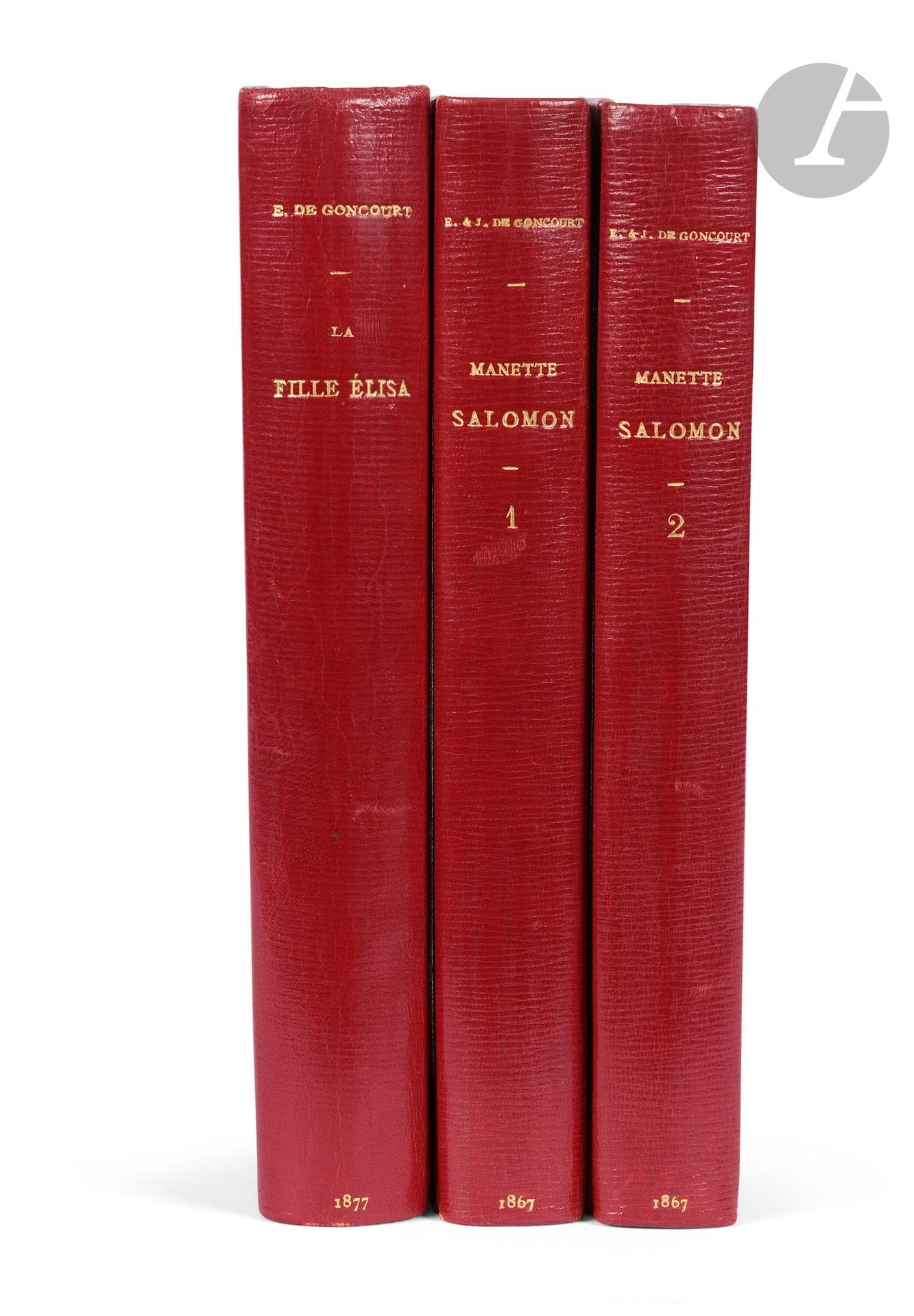 GONCOURT (Edmond de).
La Fille Élisa.
Paris : G. Charpentier, 1877. — In-18, 187 x 135 : (1 f. blanc), IX, 291 pp., couverture imprimée. Demi-maroquin rouge à la Bradel, dos lisse, non rogné, couverture conservée (reliure du temps).

Édition originale.

UN DES 75 EXEMPLAIRES NUMÉROTÉS SUR PAPIER DE HOLLANDE (n° 54), seul grand papier après 2 exemplaires sur chine.

Bon exemplaire en reliure légèrement postérieure.
Déchirures et restaurations à la couverture. Quelques piqûres.

On joint, relié à l’identique :
GONCOURT (Jules et Edmond). Manette Salomon. Paris : Librairie internationale, A. Lacroix, Verboeckhoven & Cie, 1867. — 2 volumes in-18, 185 x 120 : (3 ff.), 320 pp., couverture imprimée ; (2 ff.), 316 pp., couverture imprimée. Demi-maroquin rouge à la Bradel, dos lisse, non rogné, couverture et dos conservés (reliure du temps).

Édition originale. Exemplaire sur papier d’édition. Il n’y eut que 5 exemplaires sur Hollande hors commerce.

Bon exemplaire.
Quelques minimes frottements d’usage.