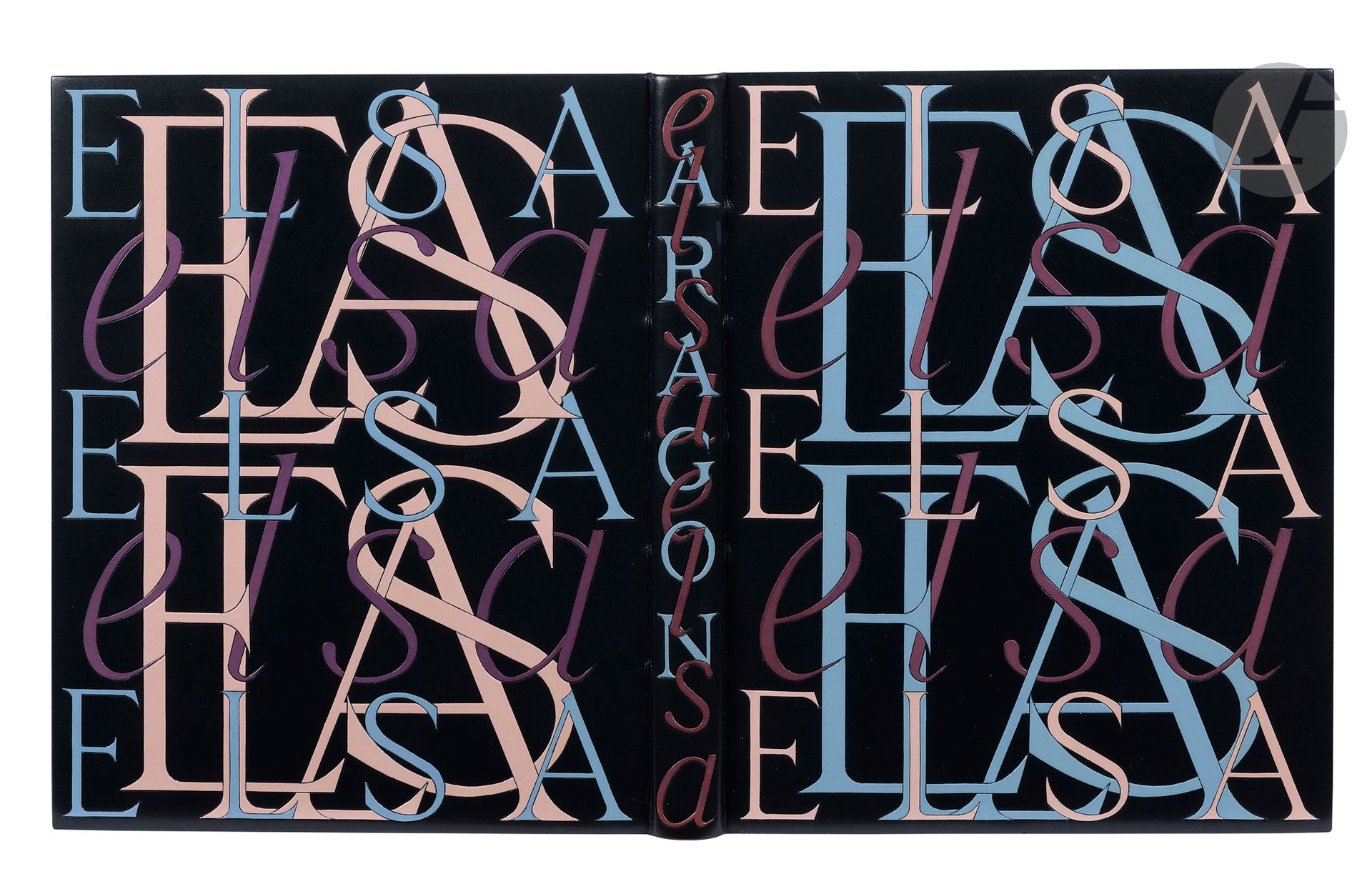 ARAGON (Louis).
Elsa. Poème.
Paris : Gallimard, [1959]. — In-4, 235 x 182 : 125 pp., (1 f.), couverture imprimée. Box bleu foncé, plats ornés du titre du livre répété en lettres capitales et italiques enchevêtrées, mosaïquées en box bleu ciel, rose et mauve, dos lisse orné dans le même esprit avec le nom de l’auteur en box bleu ciel et le titre deux fois répété en box mauve, doublures bords à bords et gardes de box bleu clair, tranches dorées sur témoins, couverture et dos conservés, chemise à dos et bandes à recouvrement de box bleu foncé, étui bordé (P.L. Martin 1960).

Édition originale.

Un des 26 premiers exemplaires numérotés sur vélin de Hollande van Gelder (n° 3), enrichi de ce très bel envoi autographe signé de l’auteur adressé à Jacques Millot (1897-1980), arachnologiste mais également grand bibliophile, fondateur de la Société de la reliure originale :

à Jacques Millot, // pour un portrait perdu, // le seul auquel vraiment // je tienne celui d’ // ELSA // Aragon

Superbe exemplaire en reliure triplée de l’époque, réalisée pour Jacques Millot par Pierre-Lucien Martin.

Exemplaire parfaitement conservé.

Provenance :
Jacques Millot, avec envoi de l’auteur (1991, n° 158).