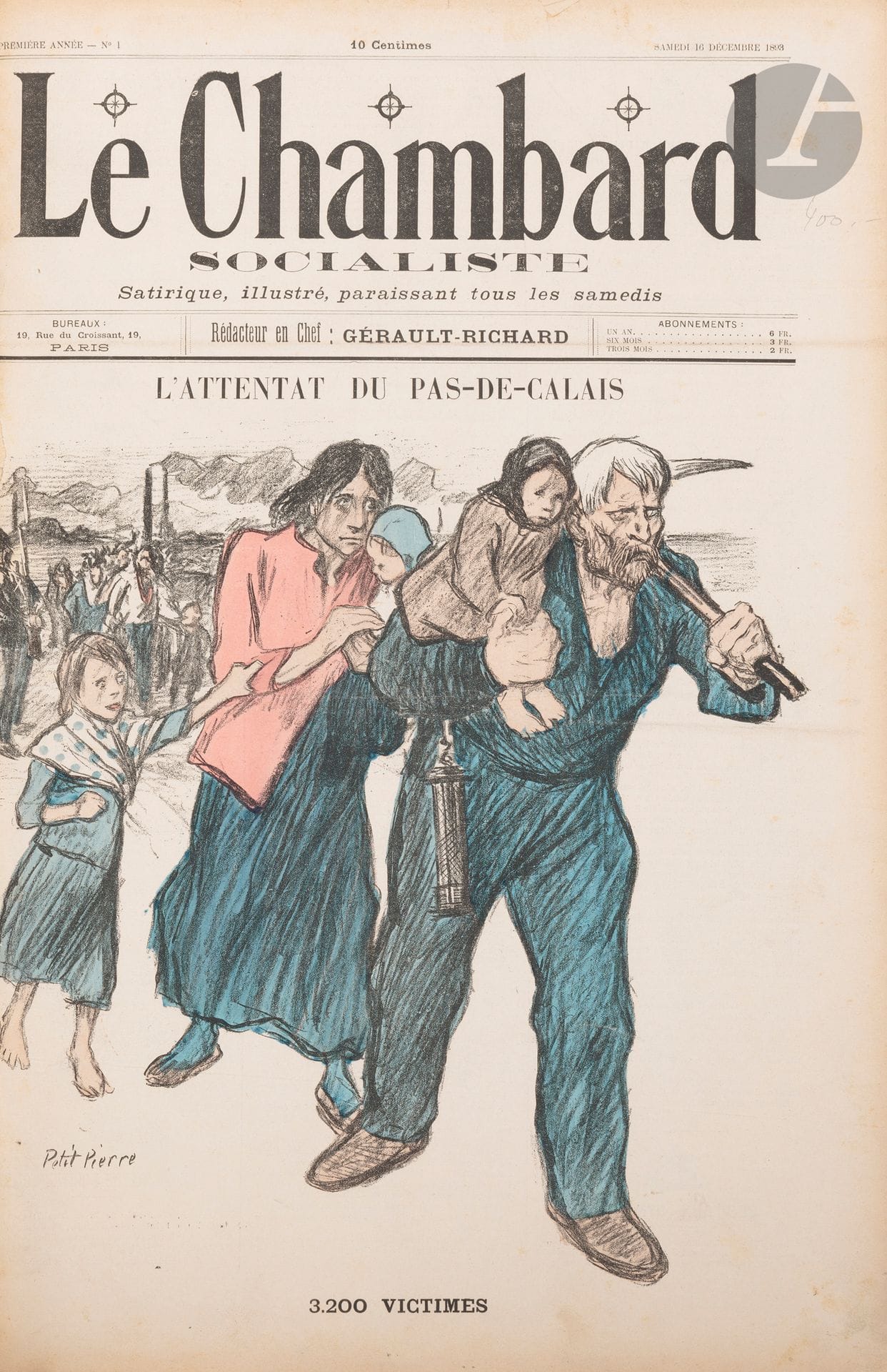 [REVUE].
Le Chambard socialiste.
Paris, 16 décembre 1893 - 8 juin 1895. — 78 numéros reliés en un volume in-folio, 498 x 341. Demi-toile rouge, dos lisse (reliure de l’époque).

Collection complète, très rare, de ce journal hebdomadaire satirique socialiste fondé par le journaliste et homme politique Gérault-Richard (1860-1911).

C’est ainsi que ce dernier présente son journal : « En lançant cette publication, je me propose de doter le Parti Socialiste d’une arme qui lui fait défaut et à laquelle ont eu recours tous les autres partis politiques. Le Chambard laissera à ses confrères quotidiens, revues et autres organes, la discussion des théories de l’exposé des doctrines. Il s’attaquera directement aux hommes. Il combattra à outrance, par le crayon et la plume, par la Caricature et la Satire, par la Charge et la Polémique violente, les ennemis des Travailleurs sans distinction de poil ou de plumage. Le Chambard dénoncera, sans peur ni merci, les iniquités sociales et leurs auteurs, les exactions des exploitants, les canailleries et les corruptions gouvernementales. Il ne reculera devant aucune responsabilité. Il ne ménagera aucun pouvoir. Le Chambard ne discutera pas, il tapera dur et ferme. »

Chaque numéro comporte 4 pages, la première étant ornée d’une grande illustration pour la majorité en couleurs, due essentiellement à trois artistes, Théophile Alexandre STEINLEN, Hector Colomb MOLOCH et Édouard COUTURIER. Seul le numéro 20 ne possède pas d’illustration en page 1 mais une grande lithographie de Steinlen couvrant les pages 2 et 3, commémorant la fête du travail. Les articles et textes ne sont pas souvent signés mais on y retrouve tout de même les noms de Clovis Hugues, auteur de plusieurs poèmes, Henri Brissac, Louis Duflot, Maxime Audouin, etc.

Bon exemplaire en sobre reliure de l’époque.
Taches et frottements sur les plats. Déchirure sans manque au second feuillet du numéro 13. Déchirures, dont une restaurée, au second feuillet du dernier numéro.