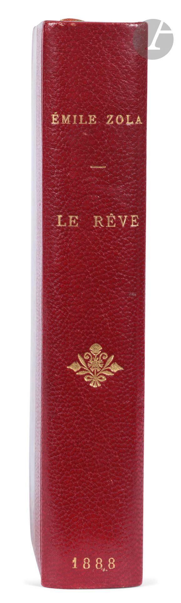 ZOLA (Émile).
Le Rêve.
Paris: G. Charpentier et Cie, 1888. - In-18, 185 x 130: (2 ff.), 310 pp. 10 pp. catalog, printed cover. Bradel-style red half-maroquin with corners, smooth spine decorated with a gilt fleuron, gilt head, untrimmed, cover and spine preserved (Durvand).

First edition of the sixteenth novel in the Rougon-Macquart series.
One of 250 numbered copies on Hollande paper (no. 33).

A fine copy bound by Durvand, complete with the publisher's catalog in fine.