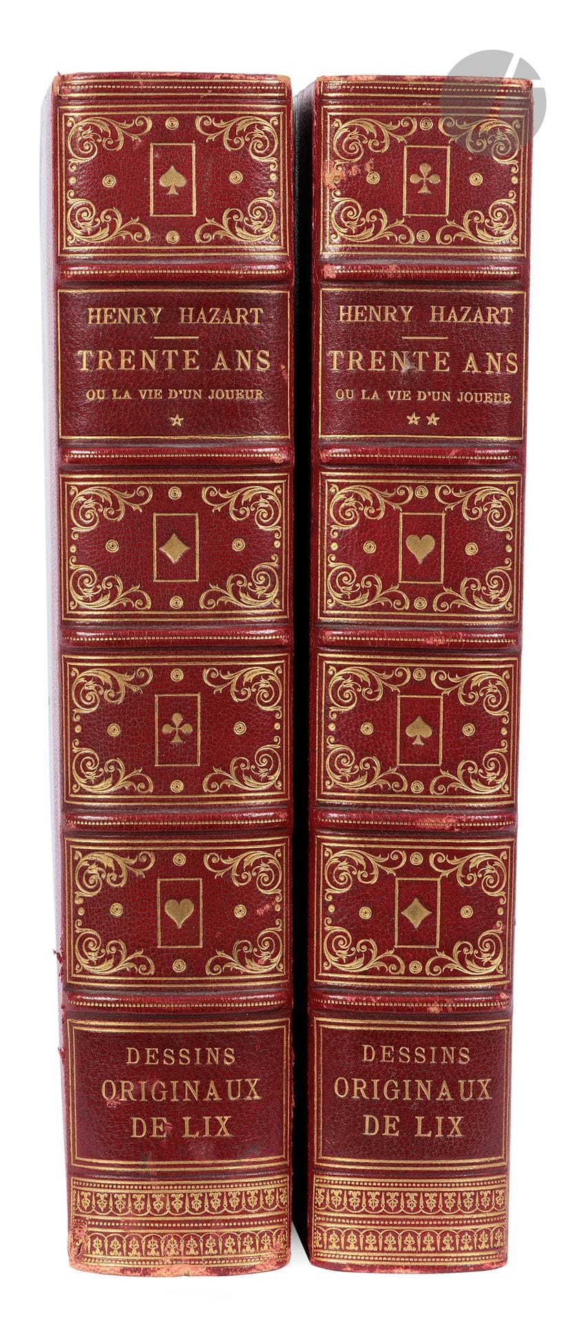 HAZART (Henry).
Thirty years or the life of a player.
Paris: Jules Rouff et Cie, [1890-1891]. - 1 tome in 2 volumes in-8, 262 x 175 : 712 pp. ; pp. 713-1326, (1 f.). Red half-maroquin with corners, gilt fillets, spine decorated with gilt motifs including playing cards, gilt head, untrimmed (V. Champs).

First edition of this novel by writer and journalist Abel Pagès (1838-1905), published under the pseudonym Henry Hazart. It appeared in 165 issues in 1890-1891.

The illustrations include 166 full-page and in-text woodcuts based on drawings by genre painter Frédéric LIX (1830-1897).


PRECIOUS EXAMPLE WITH 148 ORIGINAL DRAWINGS BY LIX, used to illustrate the book, all mounted opposite the corresponding engraving.

Only 21 illustrations are unaccompanied by a drawing, but the one on the title has two, as do those on pages 40 and 225. The second drawing accompanying the one on page 40 proposes an unpublished subject that should have appeared opposite page 45. All drawings bear the stamp of the Lix sale of June 1897.

A fine copy bound by Champs.
Rubbing to covers and spines.