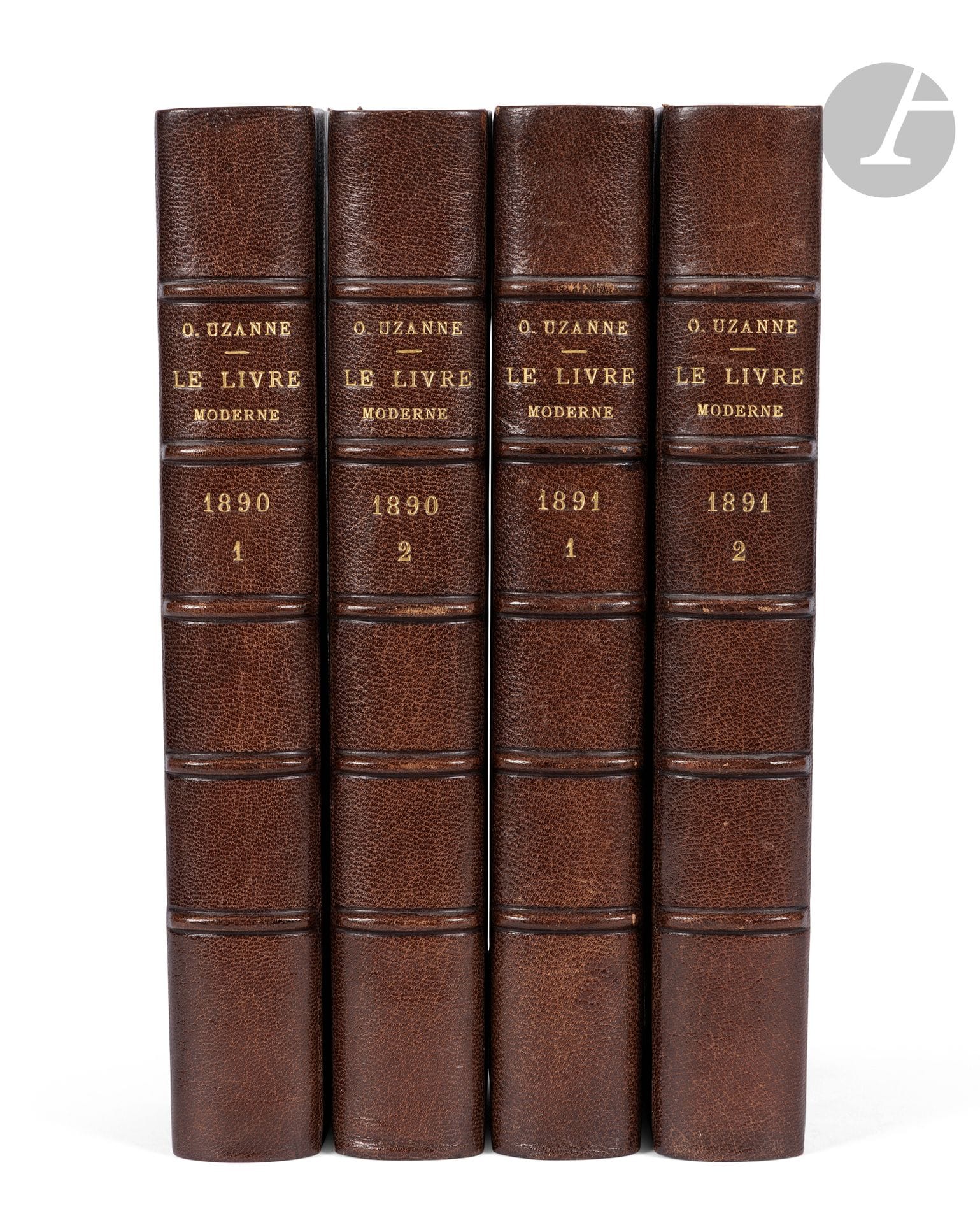 UZANNE (Octave).
Le Livre moderne. Revue du monde littéraire et des bibliophiles contemporains. 
Paris : Maison Quantin, 1890-1891. — 4 volumes in-8, 235 x 156 : (2 ff.), 431 pp., 5 planches, couverture imprimée ; (2 ff.), 399 pp., 8 planches, couverture imprimée ; (2 ff.), 384 pp., 17 planches, couverture imprimée ; (2 ff.), 384 pp., 15 planches, couverture imprimée.  Demi-maroquin marron foncé à coins, dos à nerfs, tête dorée, non rogné, couverture et dos conservés (P. Affolter).

Collection complète de cette revue littéraire et bibliophilique publiée par Octave Uzanne, parue en 24 livraisons de janvier 1890 à décembre 1891. Elle est illustrée de 45 planches, dont des portraits de Trébutien Uzanne, Jules Janin, Alfred Delvau, Alexandre Dumas, Lamartine, etc., et de nombreuses illustrations dans le texte, d’après les compositions de plusieurs artistes tels qu’Evert van Muyden, Albert Robida, François Courboin, Henri Guérard, Louis Morin, Félicien Rops, etc.

Un des 1000 exemplaires numérotés sur papier vergé des Vosges (n° 884).

Bon exemplaire relié par Affolter, complet des quatre couvertures générales et comprenant 16 des 24 couvertures de livraisons. Sans la table générale parue en 1892.

Quelques rousseurs éparses dans le quatrième volume.