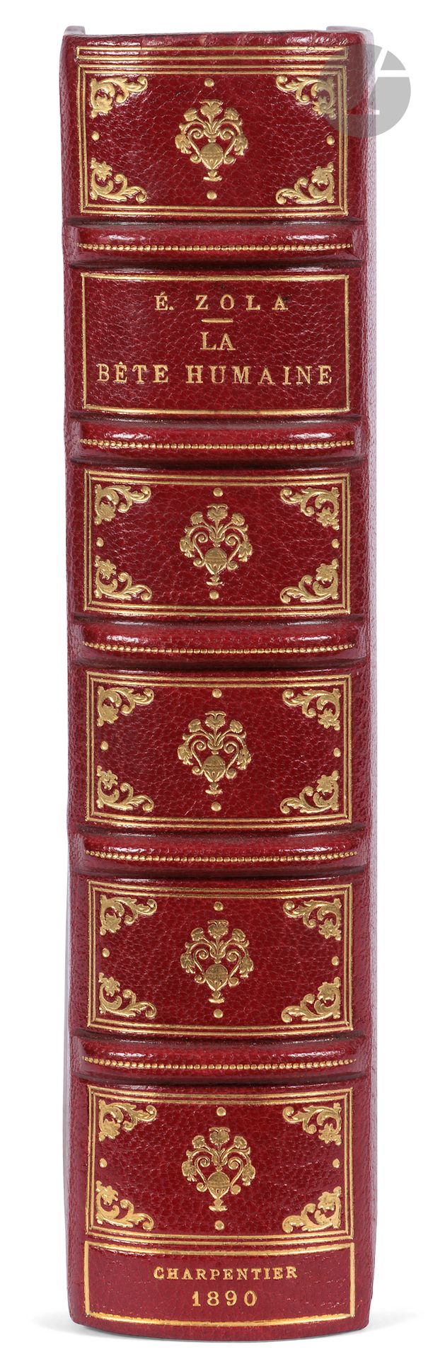 ZOLA (Émile).
La Bête humaine.
Paris: G. Charpentier et Cie, 1890. - In-18, 183 x 125: (2 ff.), 415 pp., (1 f.), 8 pp. catalog, printed cover. Red half-maroquin with corners, gilt fillets, ornate ribbed spine, gilt head, untrimmed, cover and spine preserved (Yseux sr. de Thierry-Simier).

First edition of this novel, the seventeenth title in the Rougon-Macquart series.
One of 250 numbered copies on Hollande paper (no. 77).

A very fine copy bound by Yseux, very well preserved, complete with the publisher's catalog.