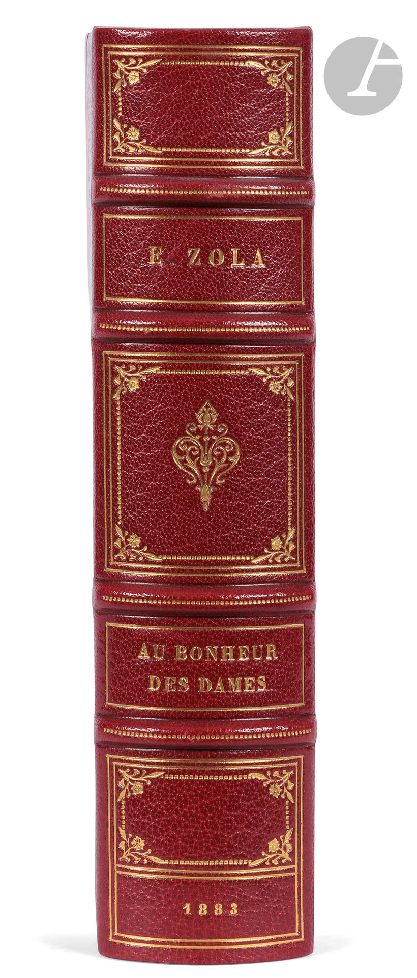 ZOLA (Émile).
Au bonheur des dames.
Paris: G. Charpentier, 1883. -In-18, 185 x 115 : (2 ff.), 521 pp. Red half-maroquin with corners, ornate ribbed spine, gilt head, untrimmed, cover and spine preserved (Ch. Septier).

First edition of one of Émile Zola's most famous novels, forming the eleventh volume of the Rougon-Macquart series.

One of 150 numbered copies on Hollande paper (no. 107).

A very fine copy bound by Charles Septier.
A few scattered brown spots.