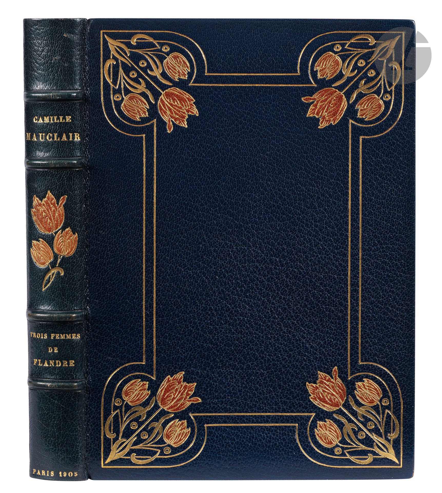 MAUCLAIR (Camille) - CASSIERS (Henri).
Trois femmes de Flandres.
Paris : L'Édition d'art, H. Piazza &amp; Cie, [1905]. - In-8, 225 x 163: (2 ff.), VII pp, (1 blank f.), 45, 46 pp, (1 f.), 50 pp, (3 ff.), 3 plates, illustrated cover. Blue morocco, boards framed with a double gilt fillet lobed at the corners and enclosing gilt tulips mosaiced in orange morocco, ribbed spine decorated with three gilt tulips mosaiced in orange morocco, gilt fillets framing the inside, gray brocaded silk lining and endpapers, double endpapers, gilt head, untrimmed, cover and spine preserved, slipcase (René Kieffer).

First edition of this collection of short stories, illustrated with 51 color compositions by Belgian painter Henri CASSIERS (1858-1944).

Edition of 300 copies, this is one of 260 on vellum paper, not numbered.

A very fine copy in a mosaic binding by René Kieffer.
Spine slightly faded, minor wear.