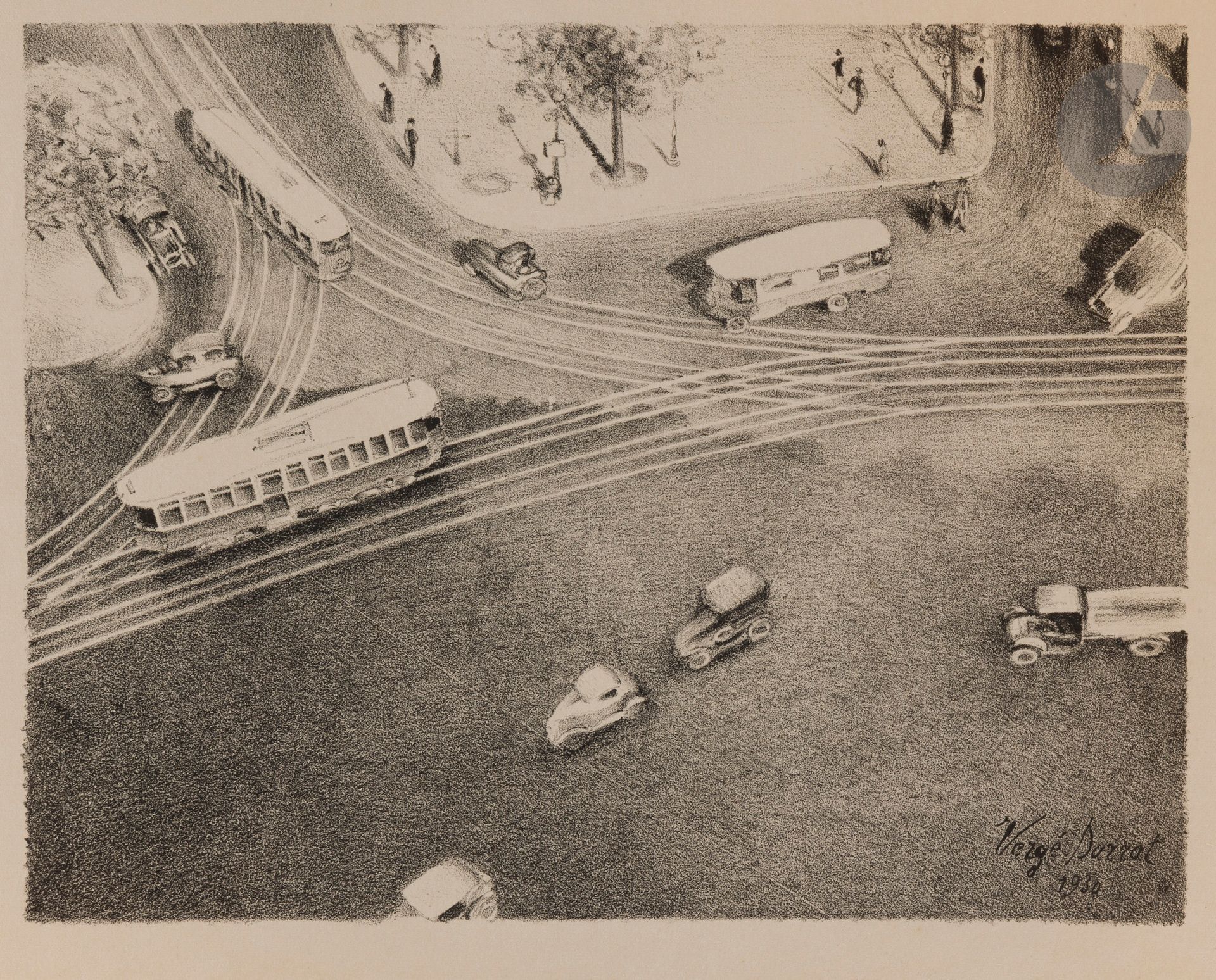 Yves Alix - Capon - Ceria - Clairin - Gernez - Gimmi Latapie - Lotiron - Savin - Vergé-Sarrat La Rue à Paris. Dix lithographies. L’Amour de l’Art éditeur, Paris, [1930]. Un album, 330 x 260, contenant 10 lithographies. Très belles épreuves sur vélin glacé crème. Pli cassé oblique en marge droite à la planche de Caron. Toutes marges. Rare. Chemise de vélin gris de l’édition à rabat portant une étiquette imprimée.