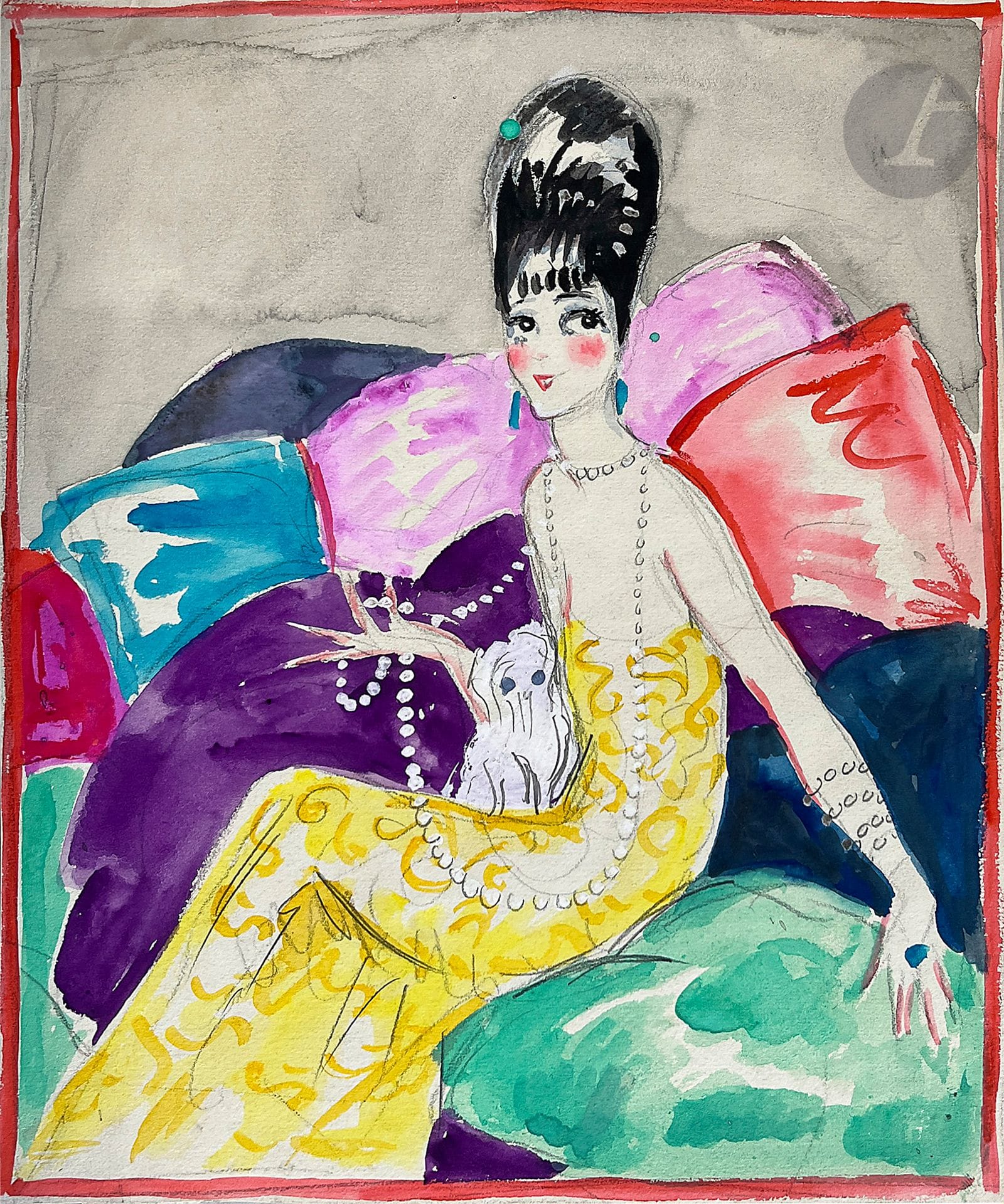Charles-Carl GESMAR (1900-1928)
Portrait de femme à la robe jaune
Aquarelle sur traits de crayon et rehauts de gouache blanche.
28 x 23 cm