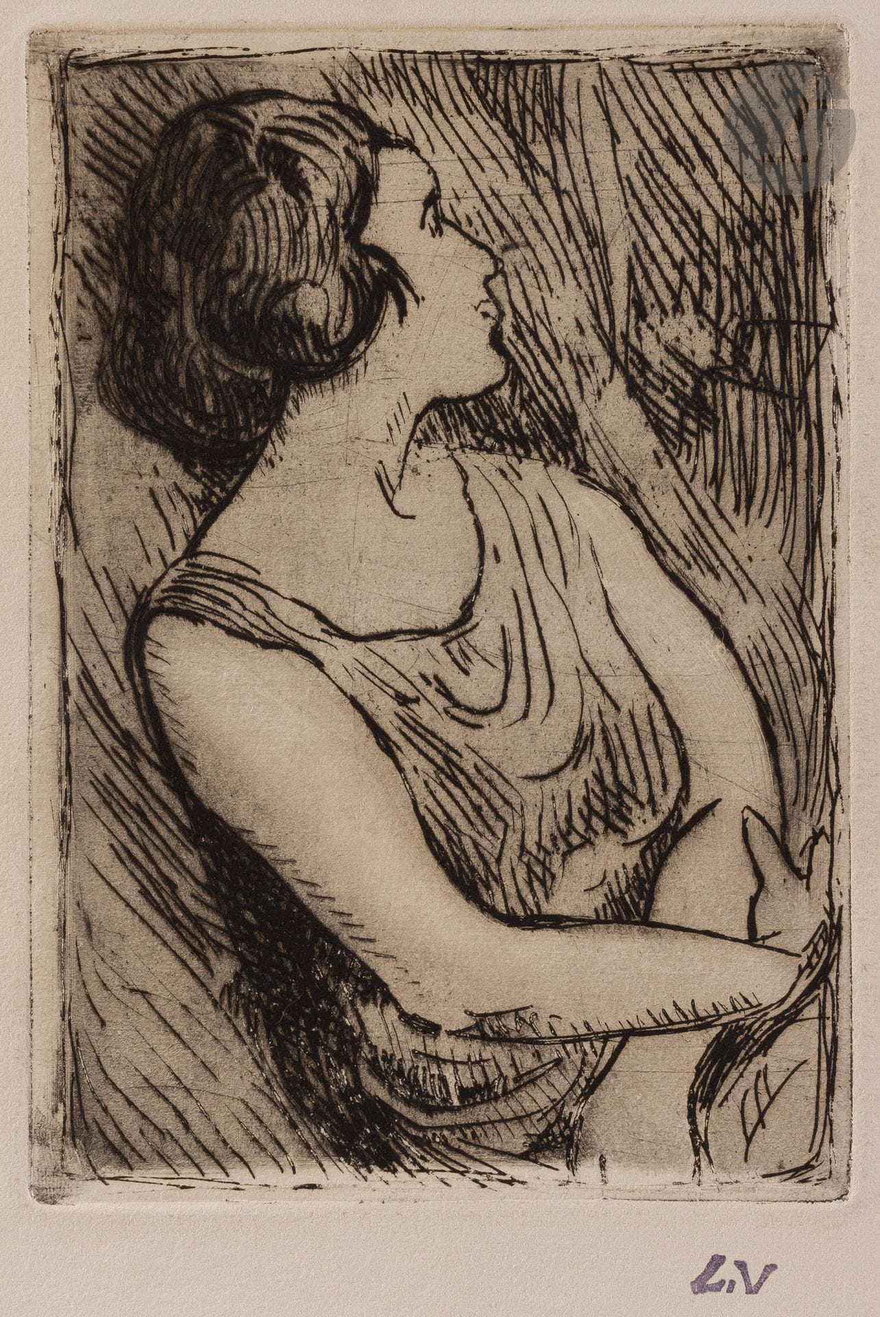 Louis Valtat (1869-1952)
Femme à mi-corps, bras croisés. Eau-forte. 115 x 172. Très belle épreuve sur vélin crème. Toutes marges. Timbre de l’atelier (Lugt 1771 bis). Timbre de la coll. R. Taburet (Lugt 6158).