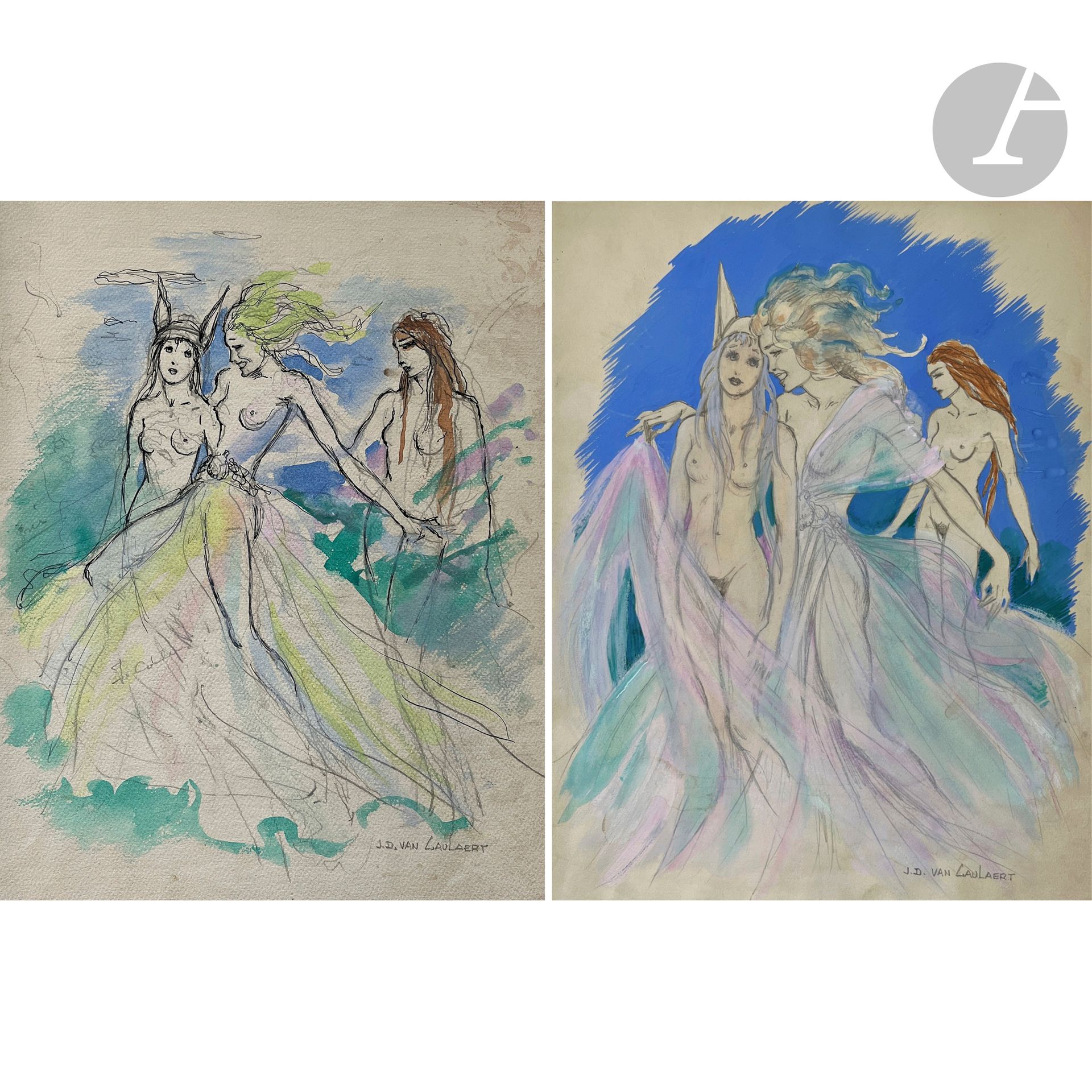 Jean-Dominique VAN CAULAERT (1897-1979)
Three nymphs
Gouache over pencil lines.
Signed lower right. 
32.5 x 24.5 cm

The same subject in ink and watercolor.