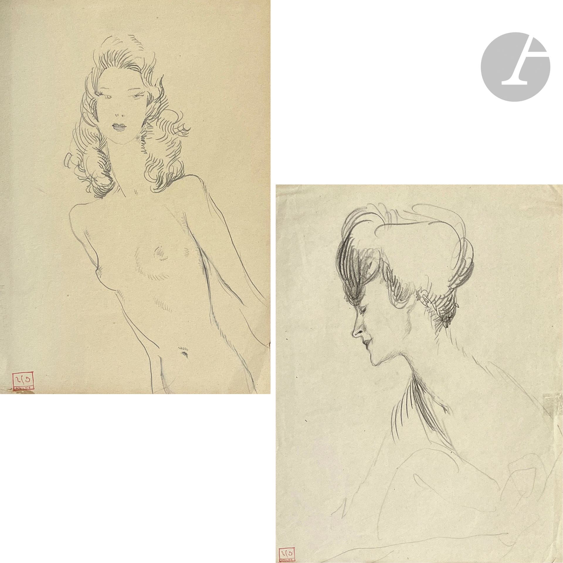 Jean-Gabriel DOMERGUE (1889-1962)
Portrait de femme
2 crayons - étude au dos sur l'un.
Cachet de l'atelier en bas à gauche.
34 x 26 cm - 26 x 18 cm