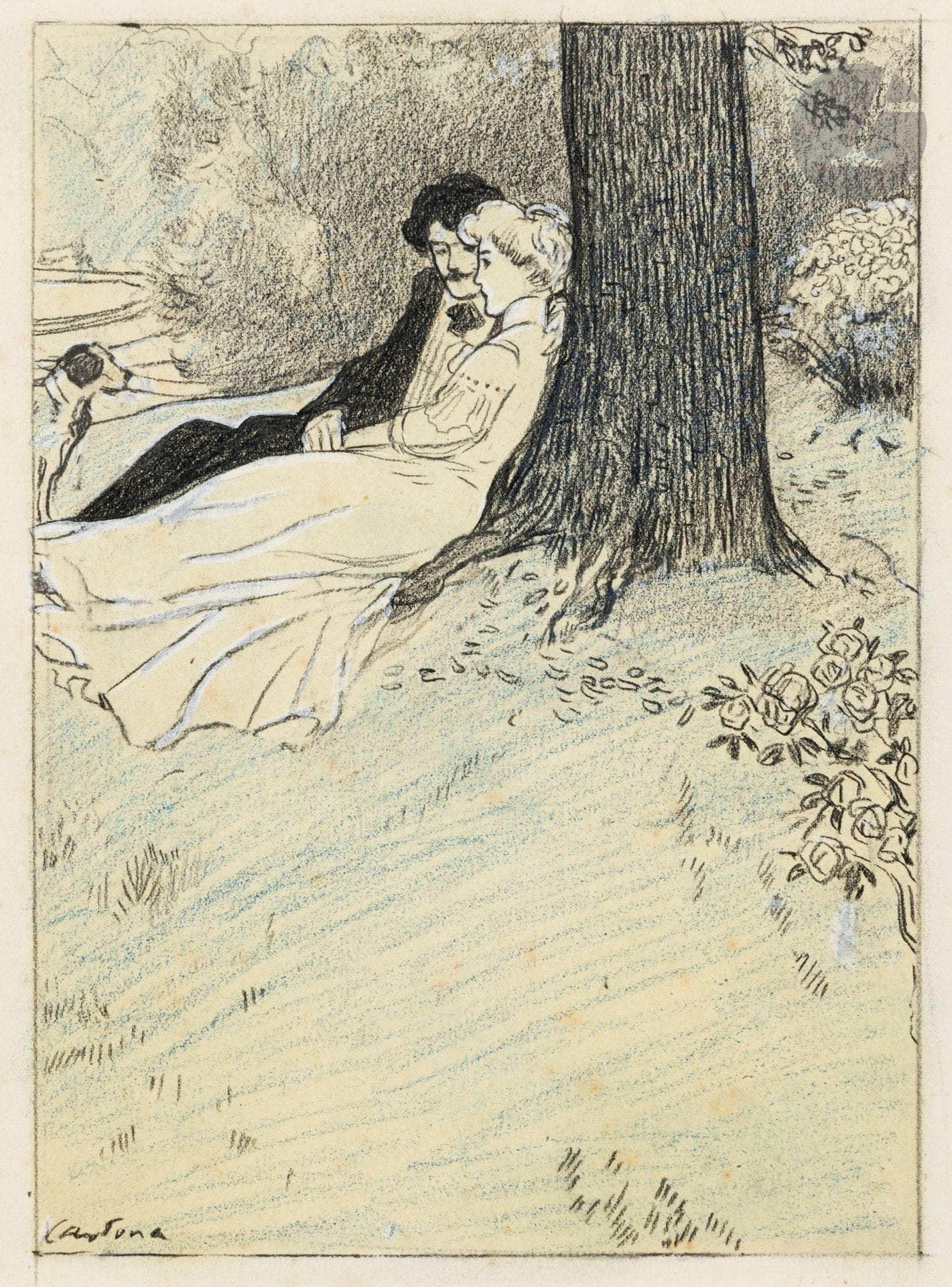 Joan CARDONA LLADOS (1877-1958)
It was under the big oak tree
Charcoal, chalk and white chalk highlights.
Study for "Ceinture Dorée" by Victorien du Saussay.
Signed lower left.
22.5 x 17.5 cm