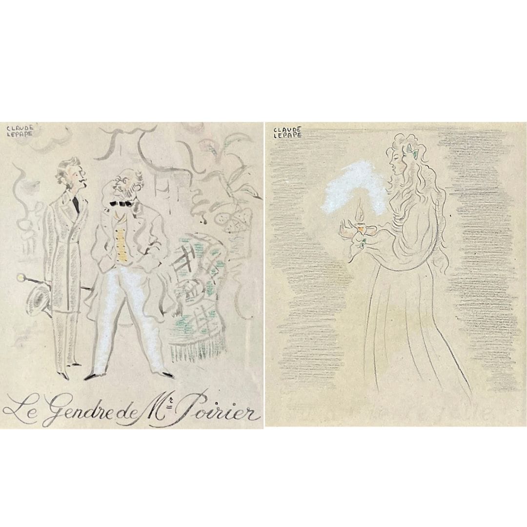 Claude LEPAPE (1913-1994)
Le Gendre de Monsieur Poirier - La Vierge Folle
Deux encres, mine de plomb et rehaut de craie blanche.
Signée en haut à gauche.
Titrée en pied.
(Titre effacé sur le dessin La Vierge Folle).
15.5 x 4 cm