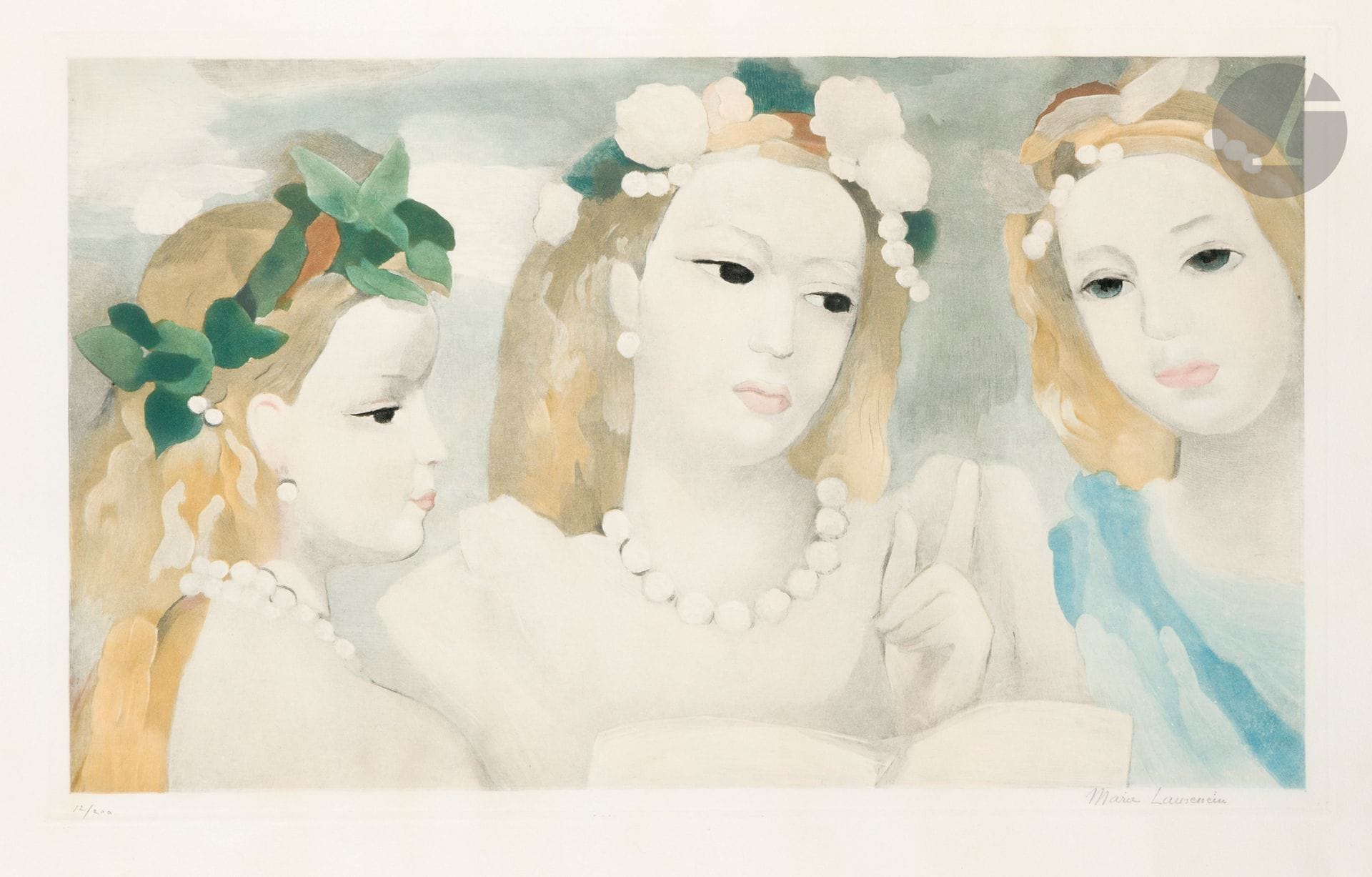 Marie Laurencin (1883-1956) (d'après)
Trois jeunes filles. Vers 1950. Gravé d’après une aquarelle de l’artiste. 560 x 345. Impression en couleurs. Belle épreuve sur vélin blanc fort, numérotée et signée au crayon par l’artiste. Forts plis cassés obliques dans l’angle supérieur droit et le long du bord supérieur du feuillet. Toutes marges. Tirage à 200 épreuves.