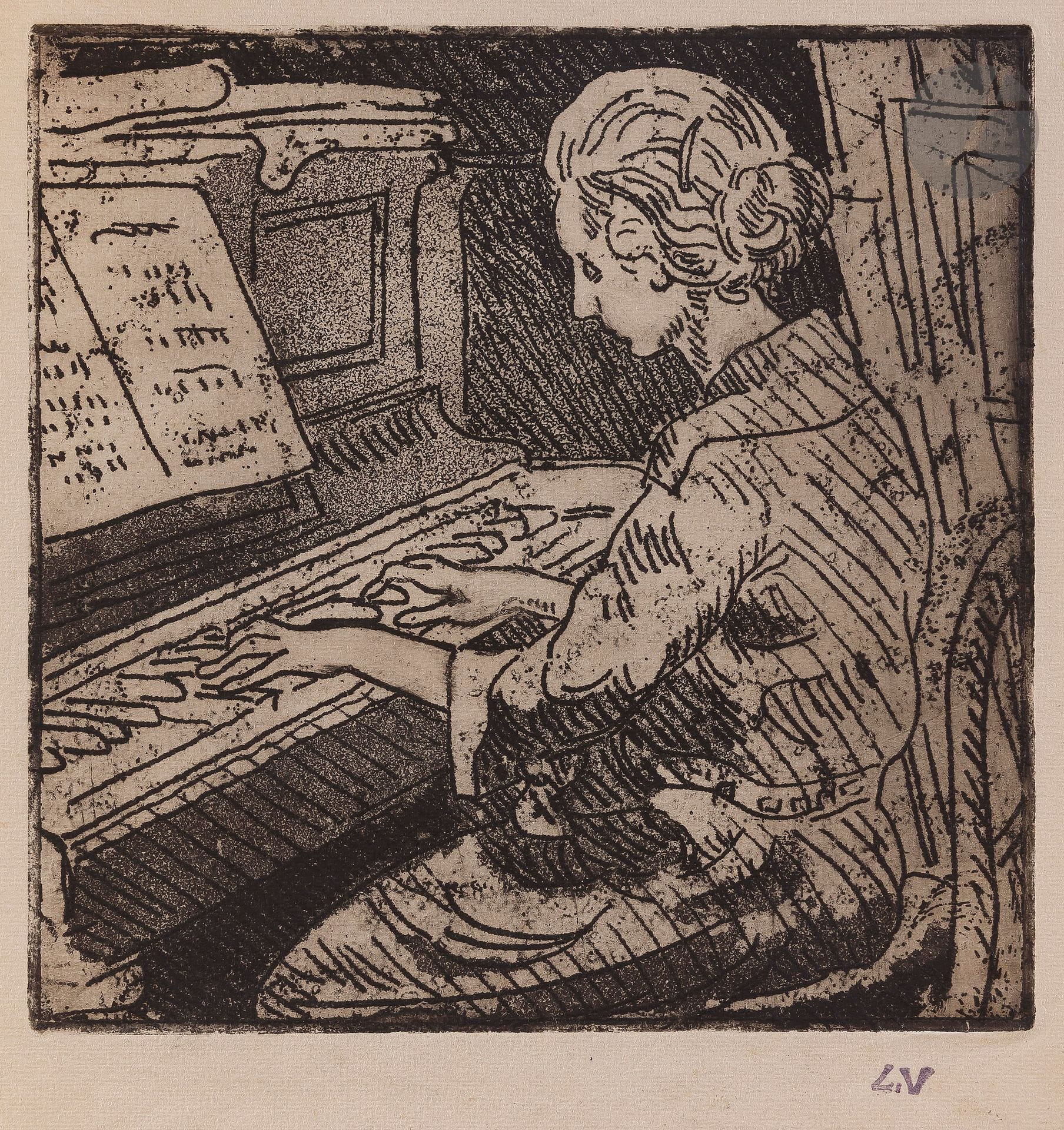 Louis Valtat (1869-1952)
Woman at the piano. Etching and aquatint. 196 x 196. Very fine proof on ivory laid paper. Full margins. Workshop stamp (Lugt 1771 bis). Coll. R. Taburet stamp (Lugt 6158).