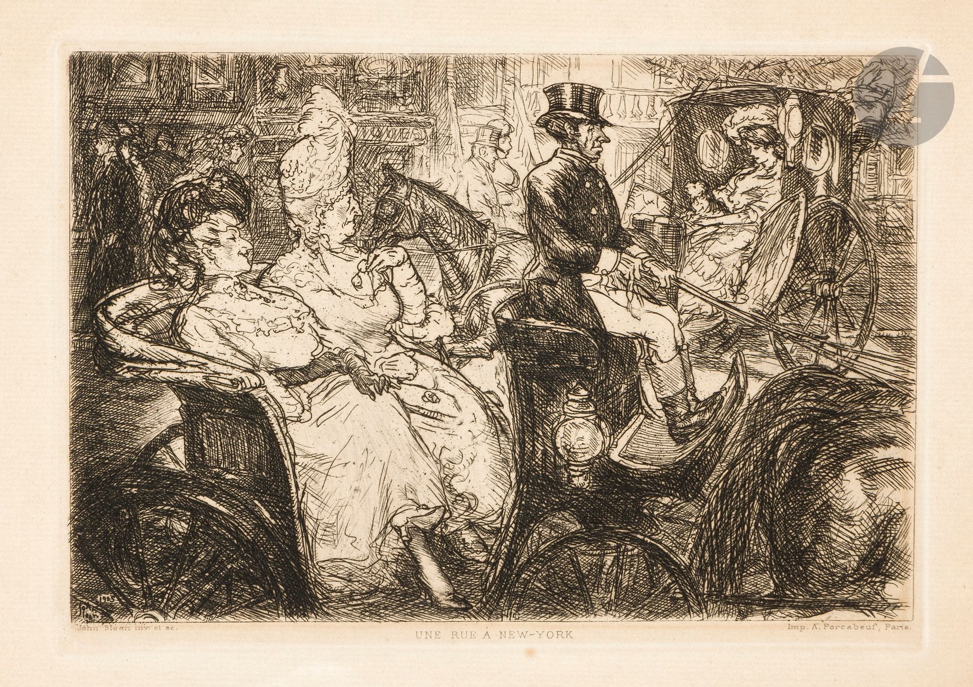 John French Sloan (américain, 1871-1951) 
Une rue à New York. 1905. Eau-forte. 173 x 123. Bonne épreuve sur vergé, oxydée, du tirage pour la Gazette des Beaux-Arts. Forte trace de colle au bord supérieur au verso. Belles marges (rempliées sur quelques millimètres).