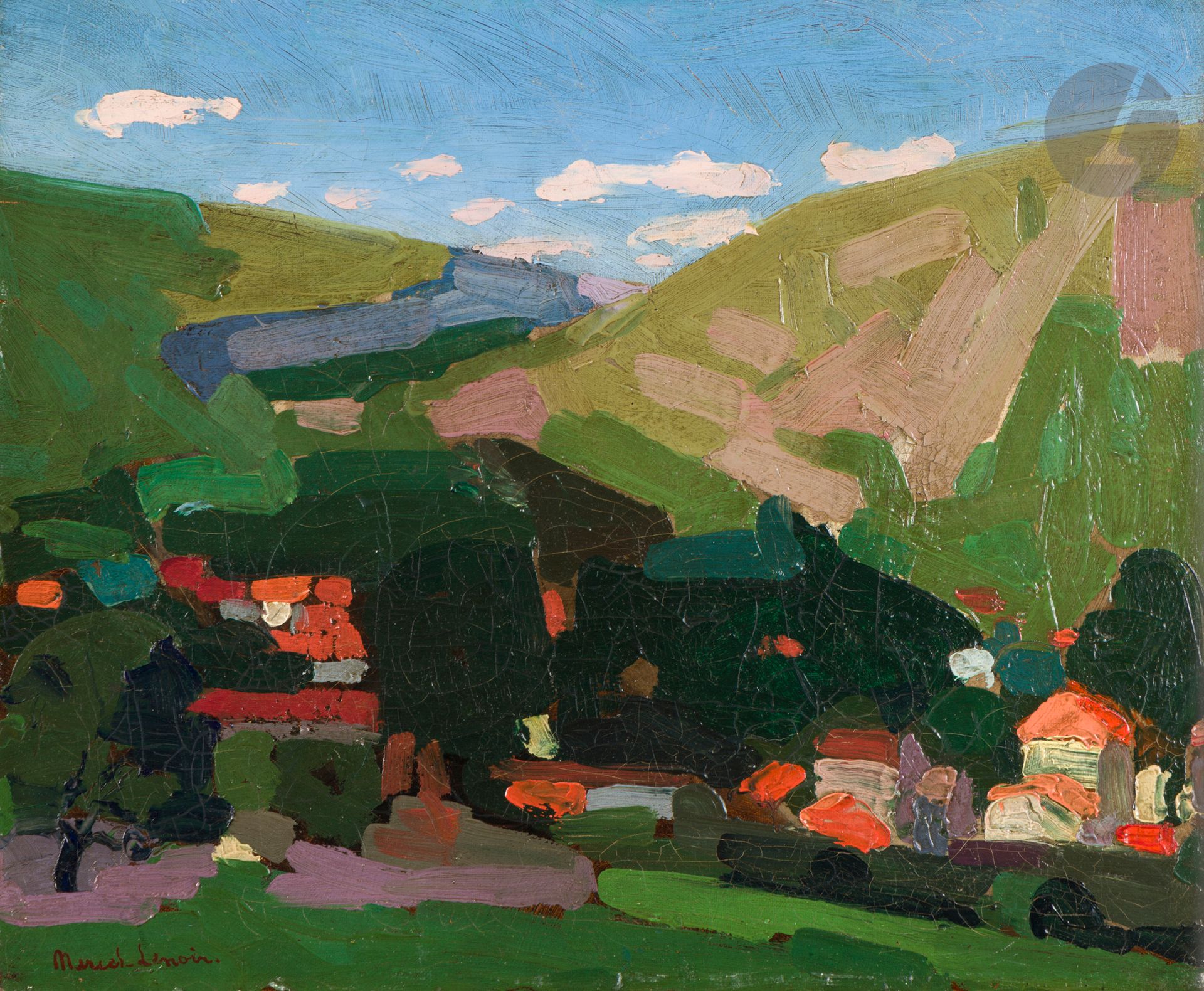 Jules OURY known as MARCEL-LENOIR (1872-1931)
The Village, circa 1910-15
Oil on canvas.
Signed lower left.
38 x 46 cm

We would like to thank Madame Marie-Ange Namy for confirming the authenticity of this work and for the information she provided.

The work will be included in the Catalogue raisonné and in the monograph Tome II currently in preparation.
