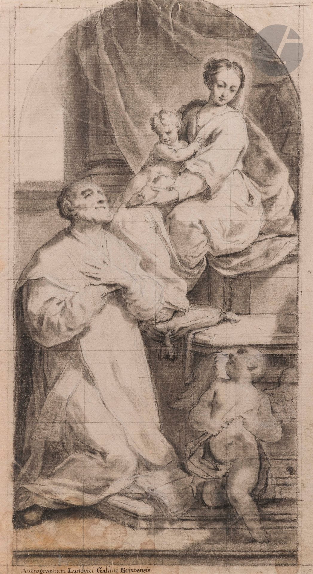 Ludovico GALLINA (1752-1787)
Sainte Famille
Fusain, estompe et rehauts de craie blanche, lavis d'encre.
(Traces de mouillures en bas à gauche, quelques plis dans la partie supérieure).
41 x 23 cm

Provenance :
Vente Pierre Bergé & Associés, Collection Bertolini, Paris, 20 mai 2022, n° 145.