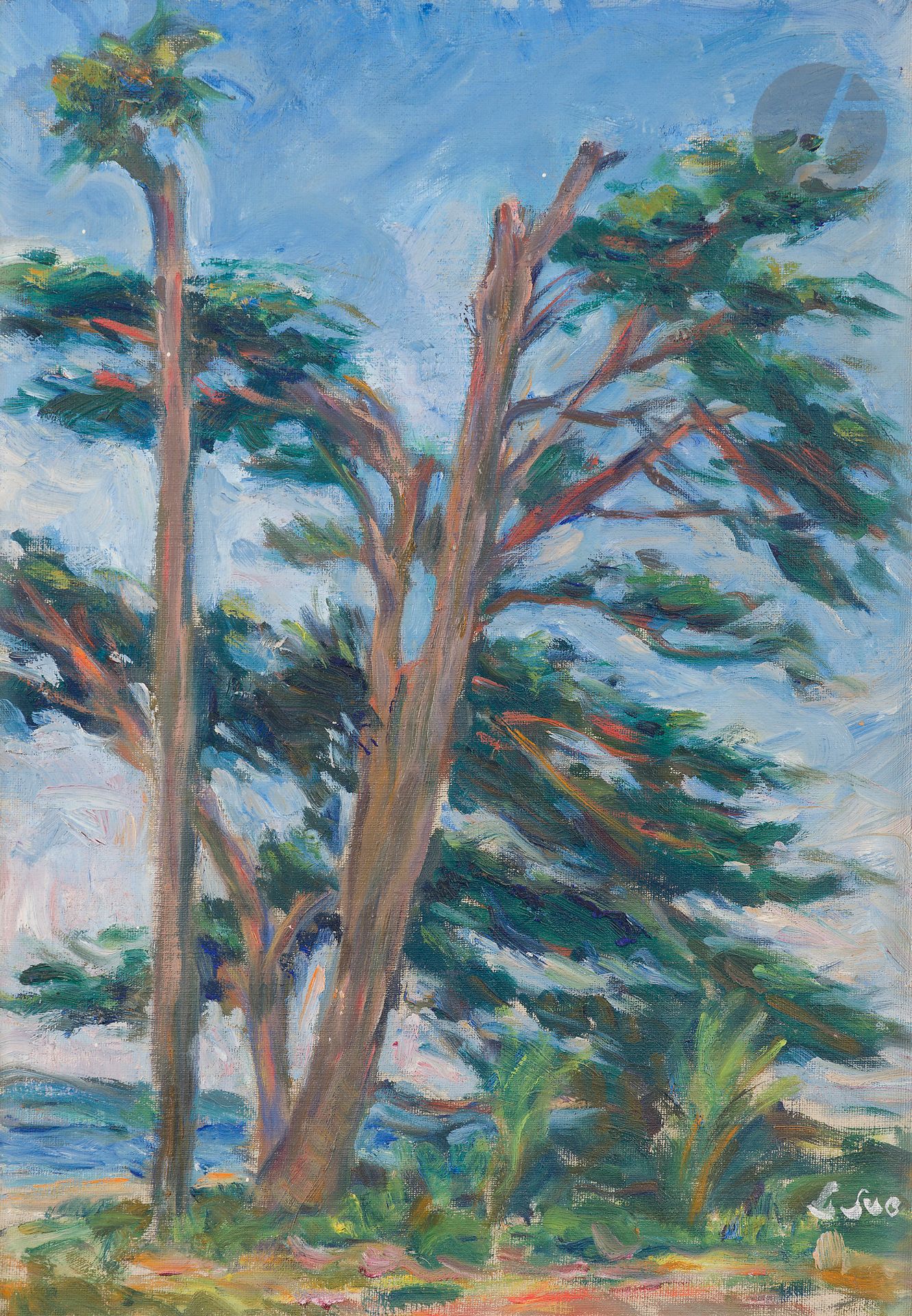 Louis SÜE (1875-1968)
Le Pin parasol
Huile sur carton toilé.
Signée en bas à droite.
46 x 33 cm

Provenance : 
Vente Louis Süe, Me Claude Robert, Hôtel Drouot, Paris, 13 mars 1968, n° 73.