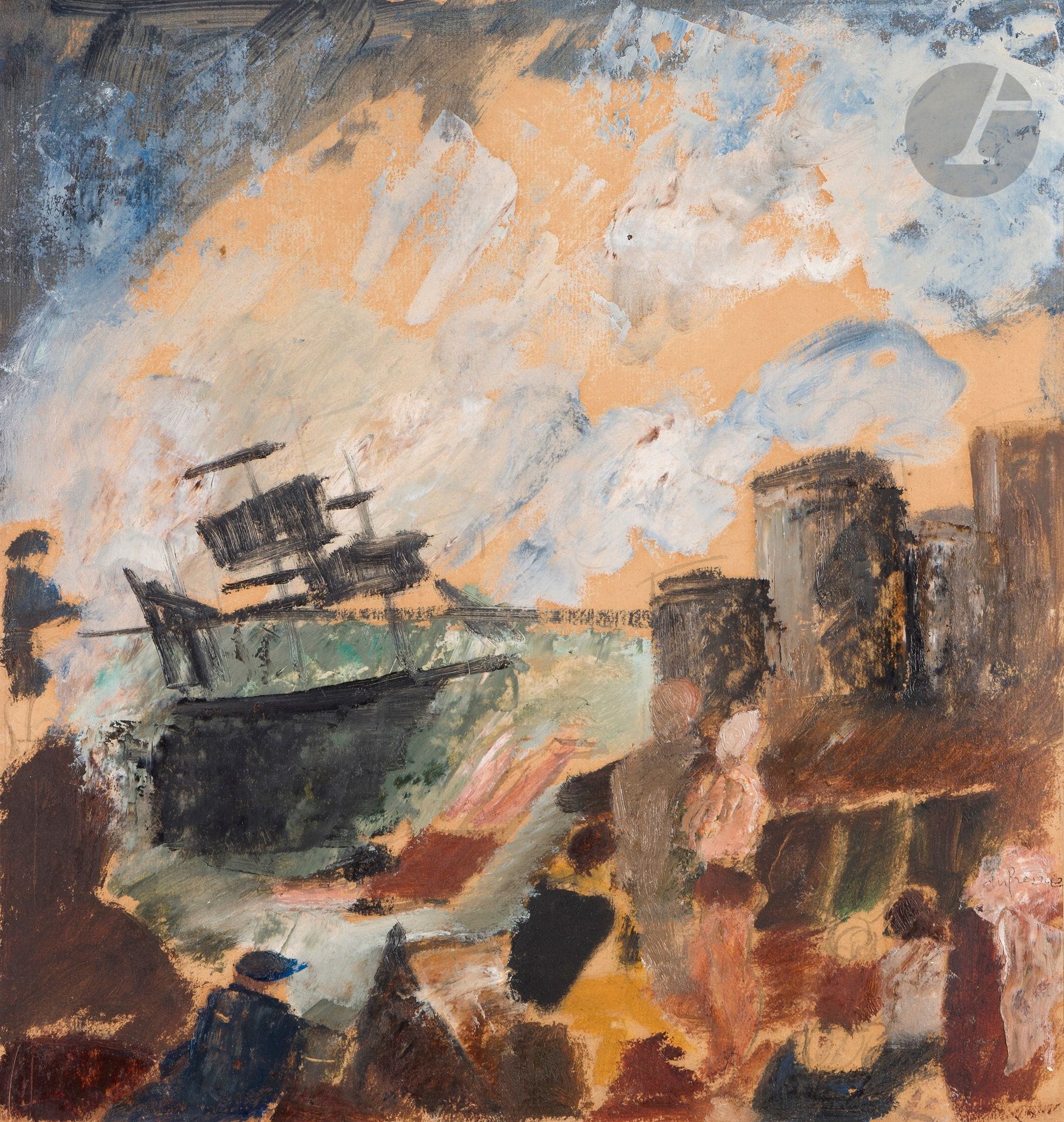 Charles DUFRESNE (1876-1938)
Bateau à l'entrée du port
Huile sur papier contrecollé sur toile.
Signée sur la droite.
34 x 32 cm