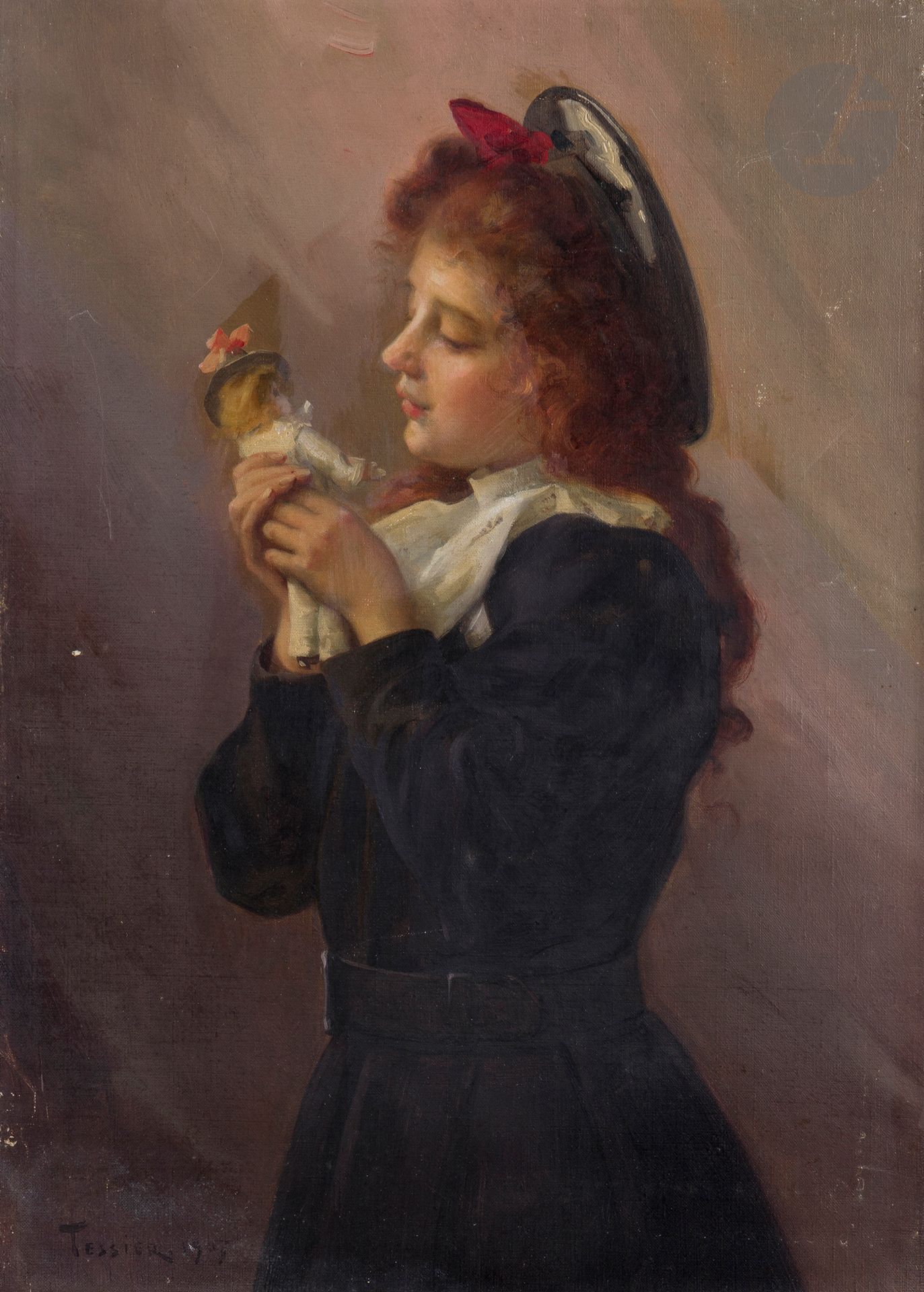 Louis Adolphe TESSIER (1858-1915)
Jeune fille à la poupée, 1907
Huile sur toile.
Signée, datée et dédicacée en bas à gauche.
(Petites manques).
46 x 33 cm