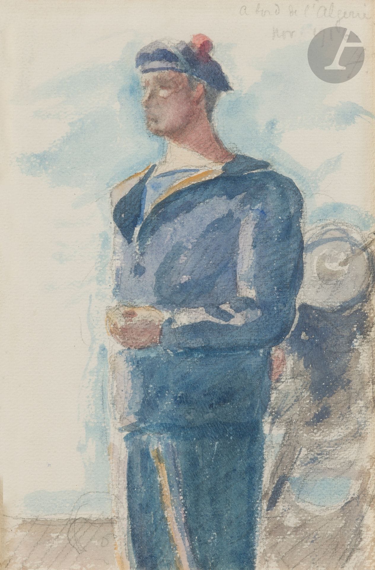 Louis SÜE (1875-1968)
À bord de « L'Algérie », 1916
Aquarelle sur traits de crayon.
Monogrammée, datée et titrée en haut à droite.
22.5 x 15 cm

Provenance :
Vente Louis Süe, Me Claude Robert, Hôtel Drouot, Paris, 13 mars 1968, n° 13.