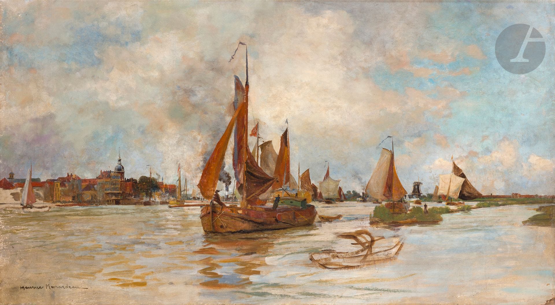 Maurice MÉNARDEAU (1897-1977)
Bateaux en Hollande
Huile sur toile.
Signée en bas à gauche.
(Craquelures, restaurations, usures).
46 x 81 cm