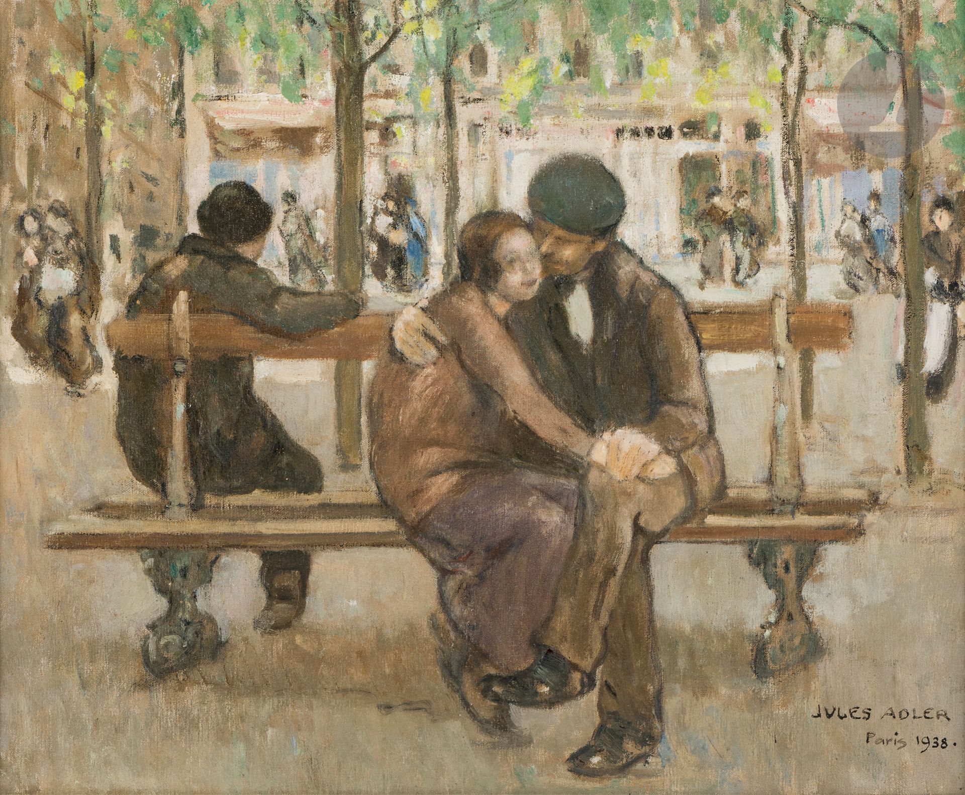 Jules ADLER (1865-1952)
Paris, le Couple, 1938
Huile sur toile.
Signée, datée et située en bas à droite.
38 x 46 cm