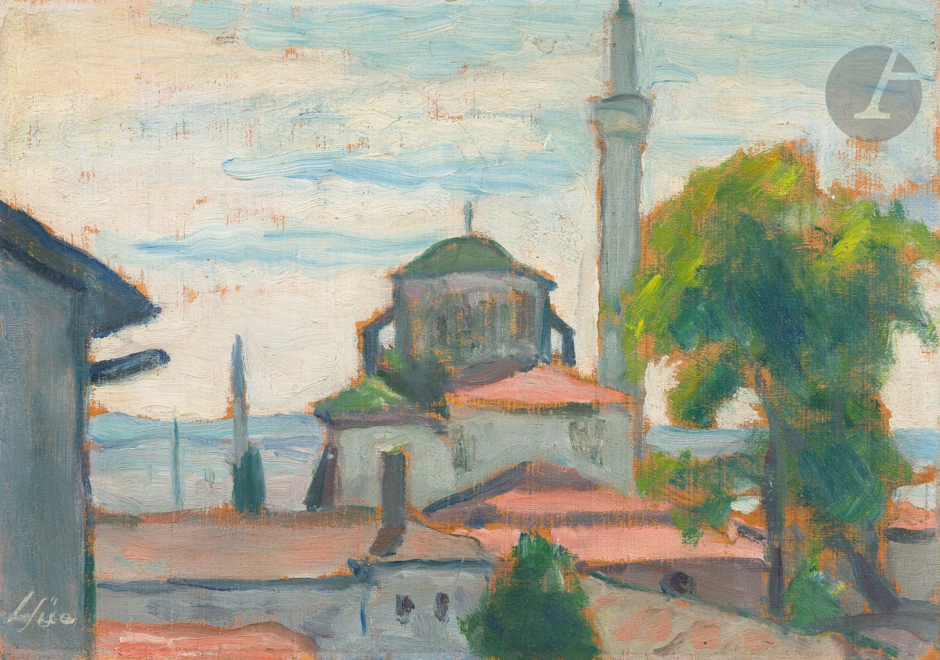 Louis SÜE (1875-1968)
Église des Saints-Apôtres, Salonique
Huile sur panneau.
Signée en bas à gauche.
Titrée au dos.
16.5 x 23.5 cm

Provenance :
Vente Louis Süe, Me Claude Robert, Hôtel Drouot, Paris, 13 mars 1968, n° 25 (tampon au dos).