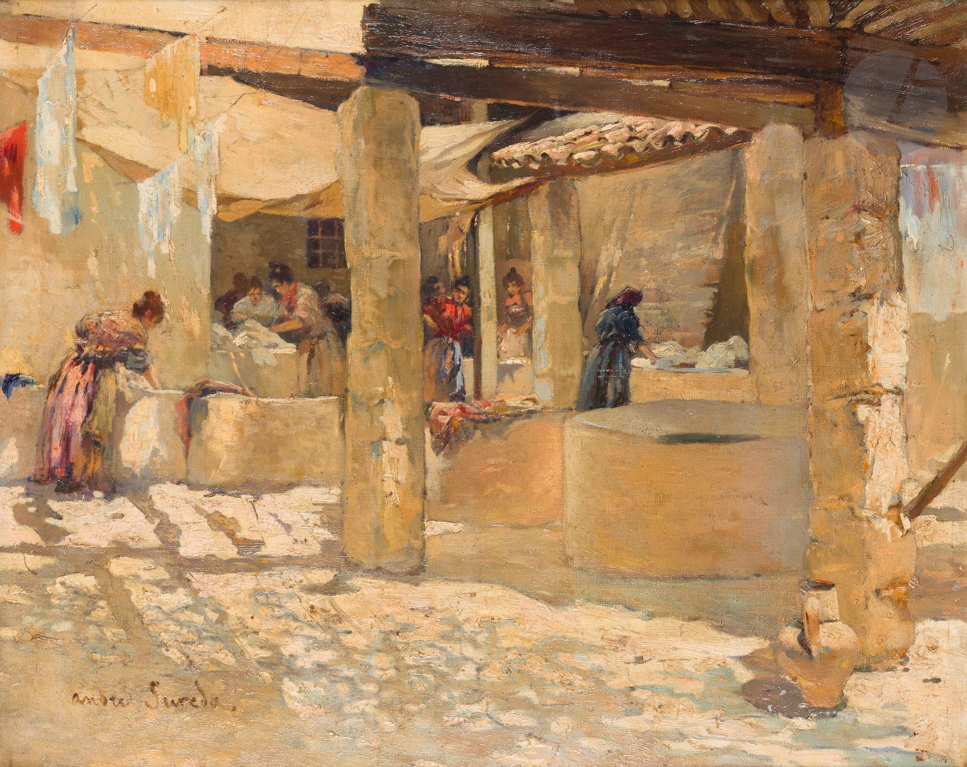 André SURÉDA (1872-1930)
Lavoirs à Tunis
Huile sur toile.
Signée en bas à gauche.
(Restauration et petits accidents).
54 x 67 cm