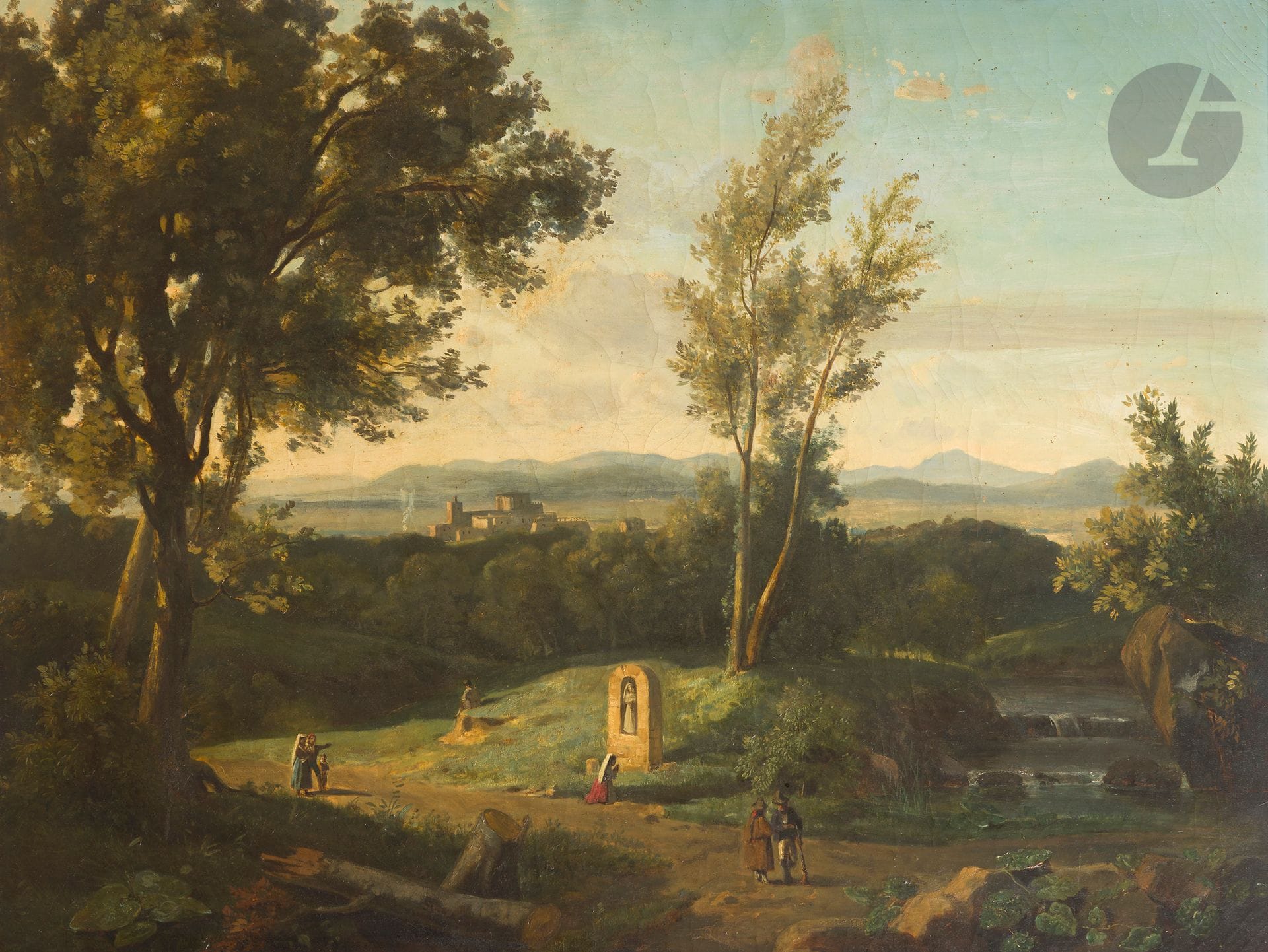 École FRANCAISE vers 1850, GARNIER***
Chasseur et femme en prière dans la campagne italienne
Toile, châssis et cadre d'origines
Signée et datée en bas vers la droite "Garnier / 18.."
90,5 x 117 cm
(Accidents)

En 1837, un artiste "Garnier" participe au Concours du Prix de Rome, paysage historique. Grunchec précise que "l'identité de cet artiste demeure difficile à déterminer" (voir P. Grunchec, Les concours des prix de Rome, tome II, Paris, 1989, p. 132 et p. 288 note 33).