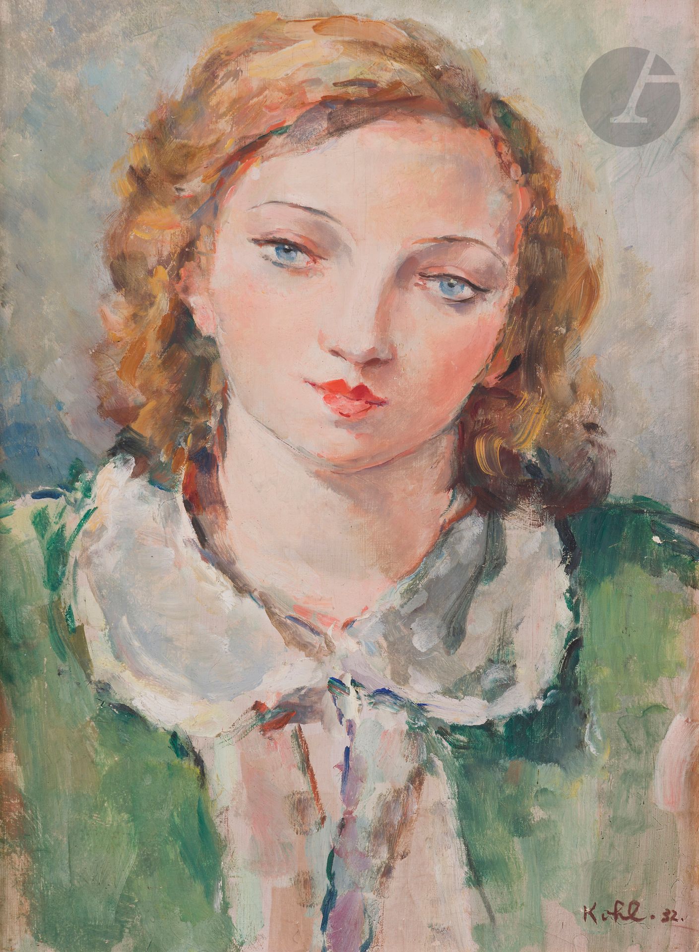 Pierre Ernest KOHL (1897-1985)
Femme en buste, 1932
Huile sur toile.
Signée et datée en bas à droite.
(Craquelures).
46 x 33 cm