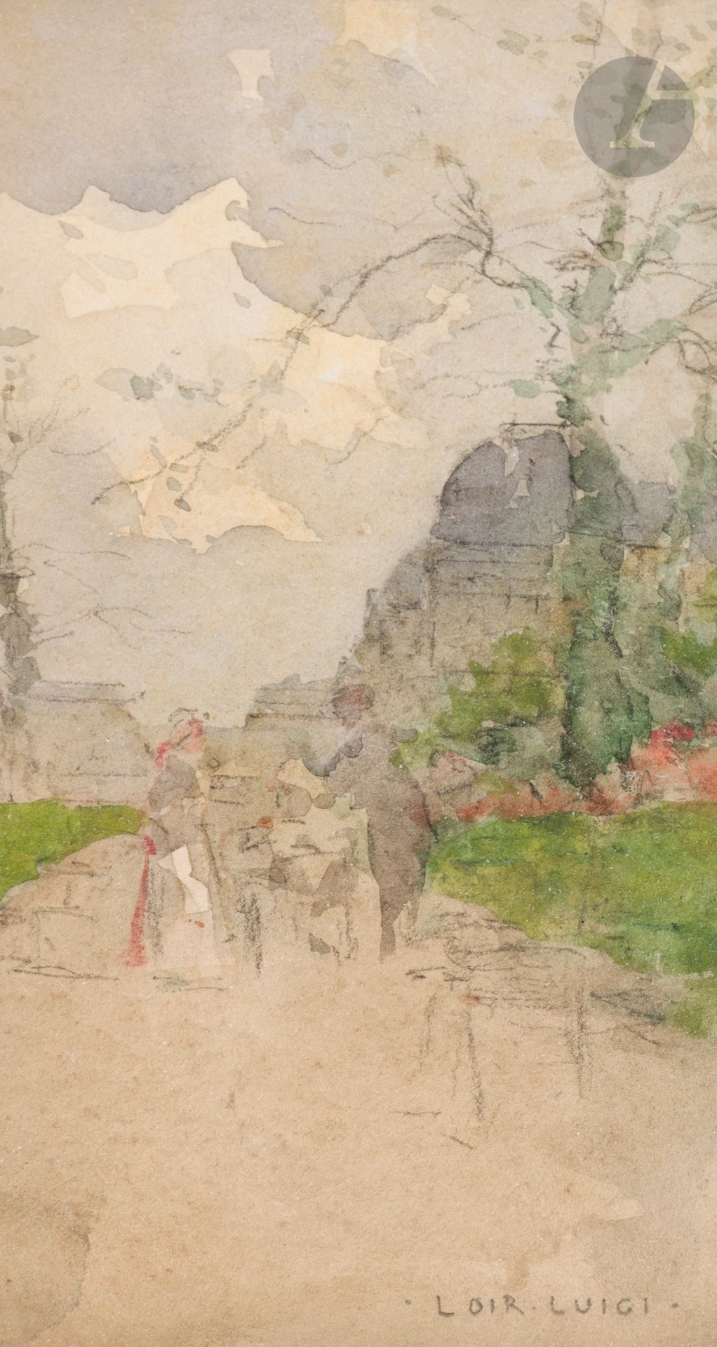 Luigi LOIR (1845-1916)
Paris, jardin animé
Aquarelle sur traits de crayon.
Signée en bas à droite.
13.5 x 7 cm