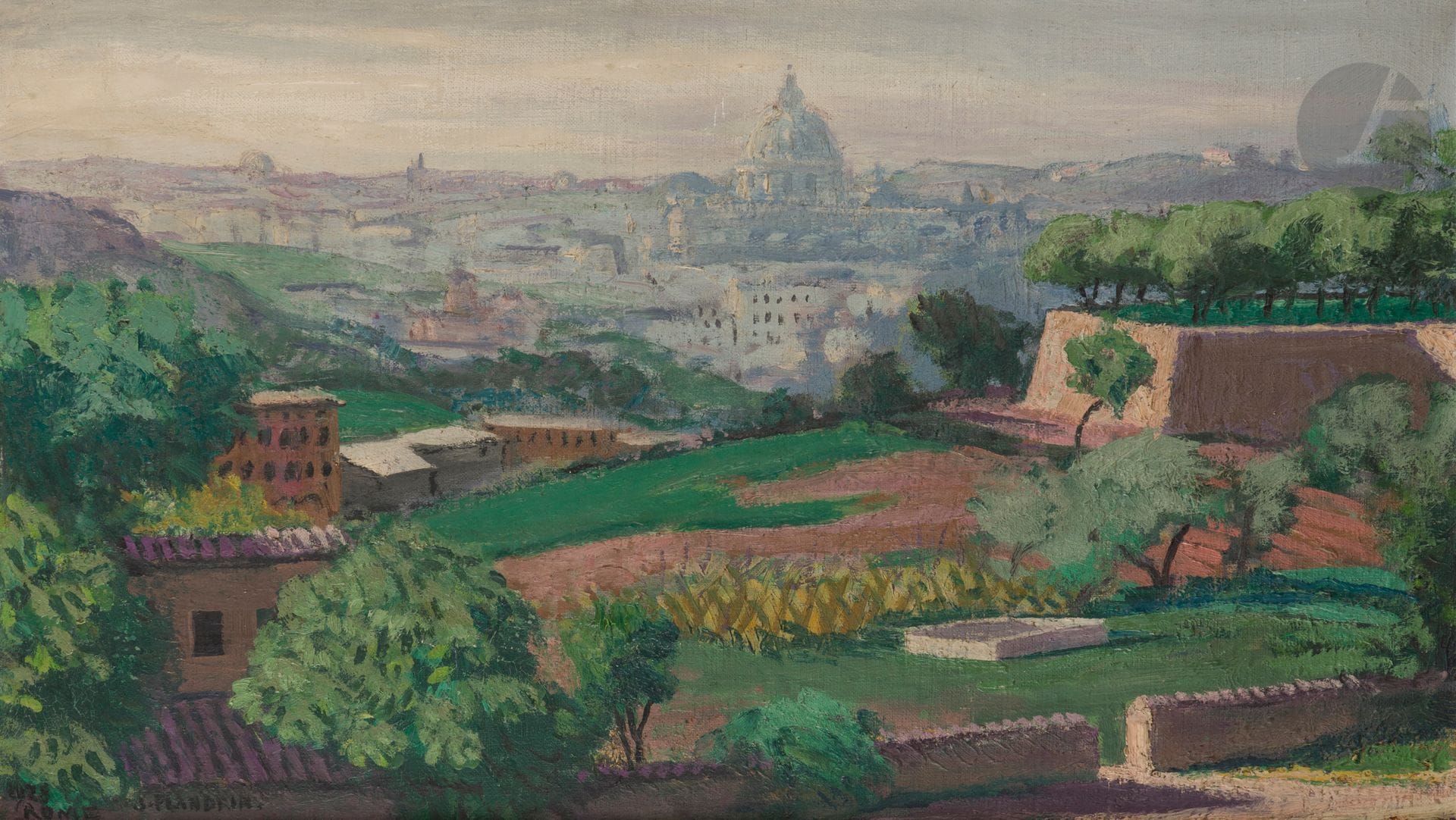 Jules FLANDRIN (1871-1947)
Rome, Saint-Pierre vue du Janicule, 1928
Huile sur carton.
Signée, datée et située en bas à gauche.
40 x 70 cm

Provenance : 
Galerie Druet, Paris (étiquette au dos).