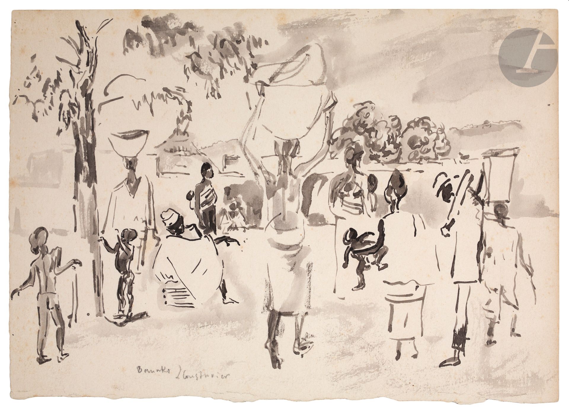 Lucie COUSTURIER (1870-1925)
Scène de village à Bamako
Encre et lavis d'encre.
Signée et située en bas vers la gauche.
(Rousseurs, bord inférieur irrégulier).
17.5 x 25 cm